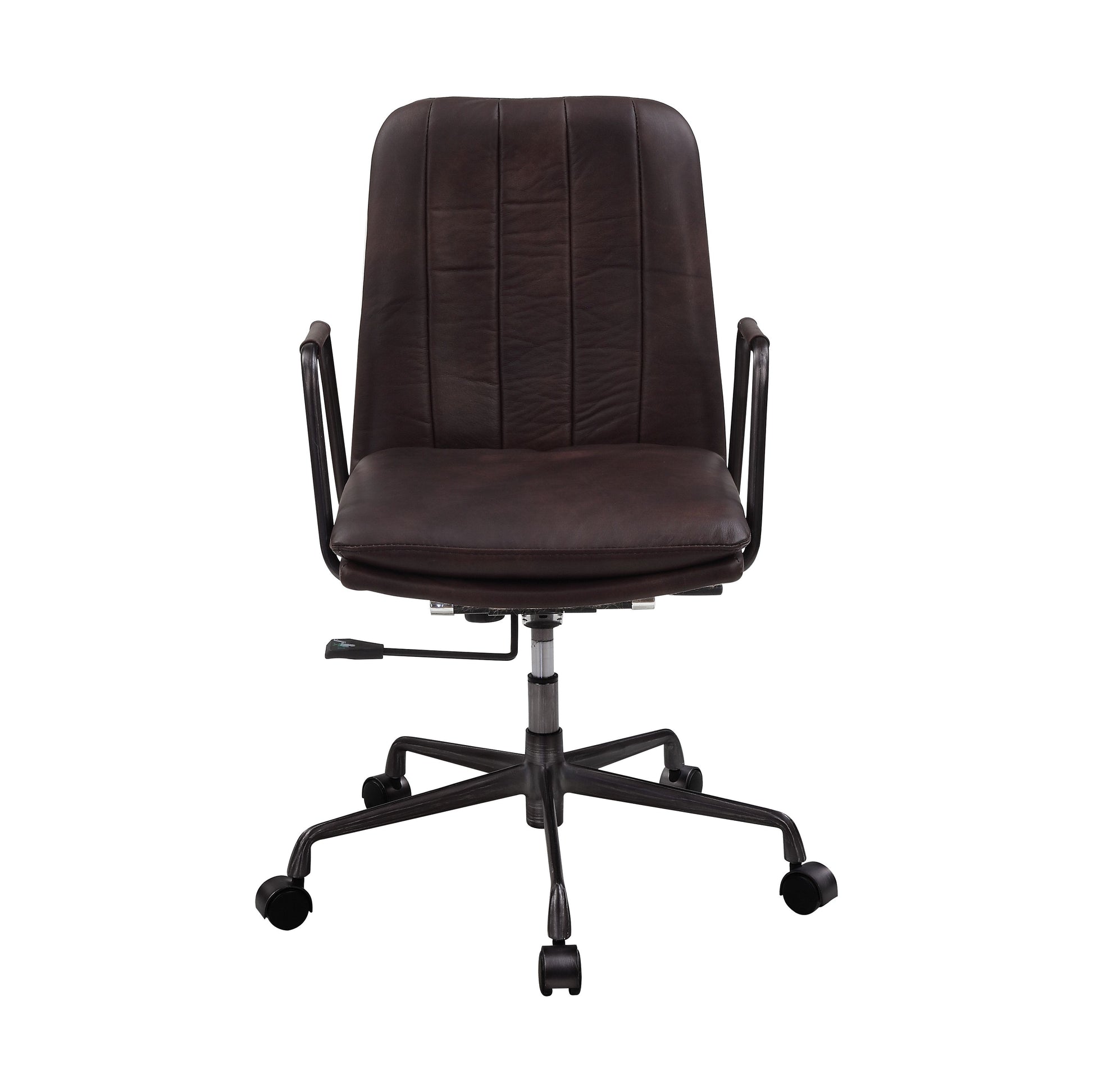 Dark brown faux leather executive office chair with padded seat and back