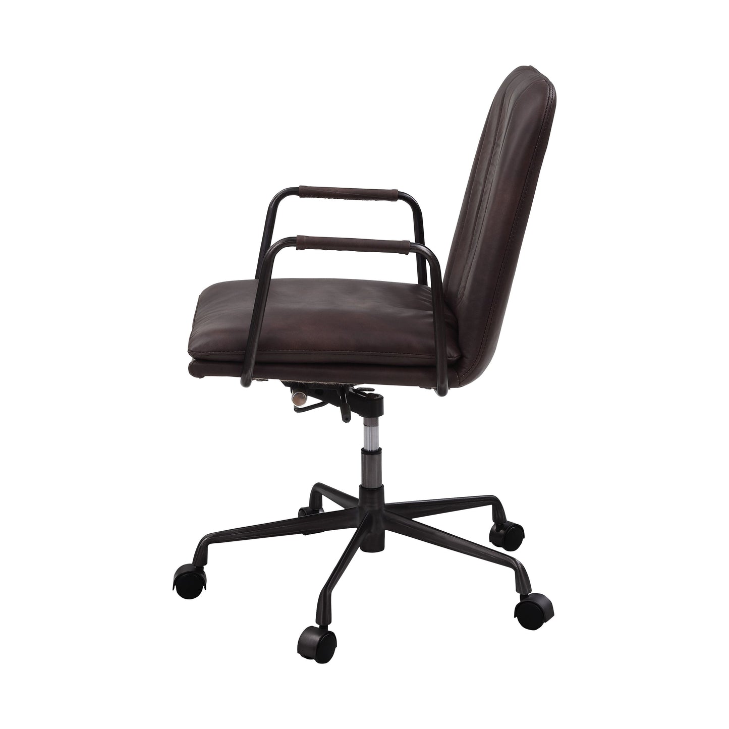 Brown leather office chair with padded arms and black metal base