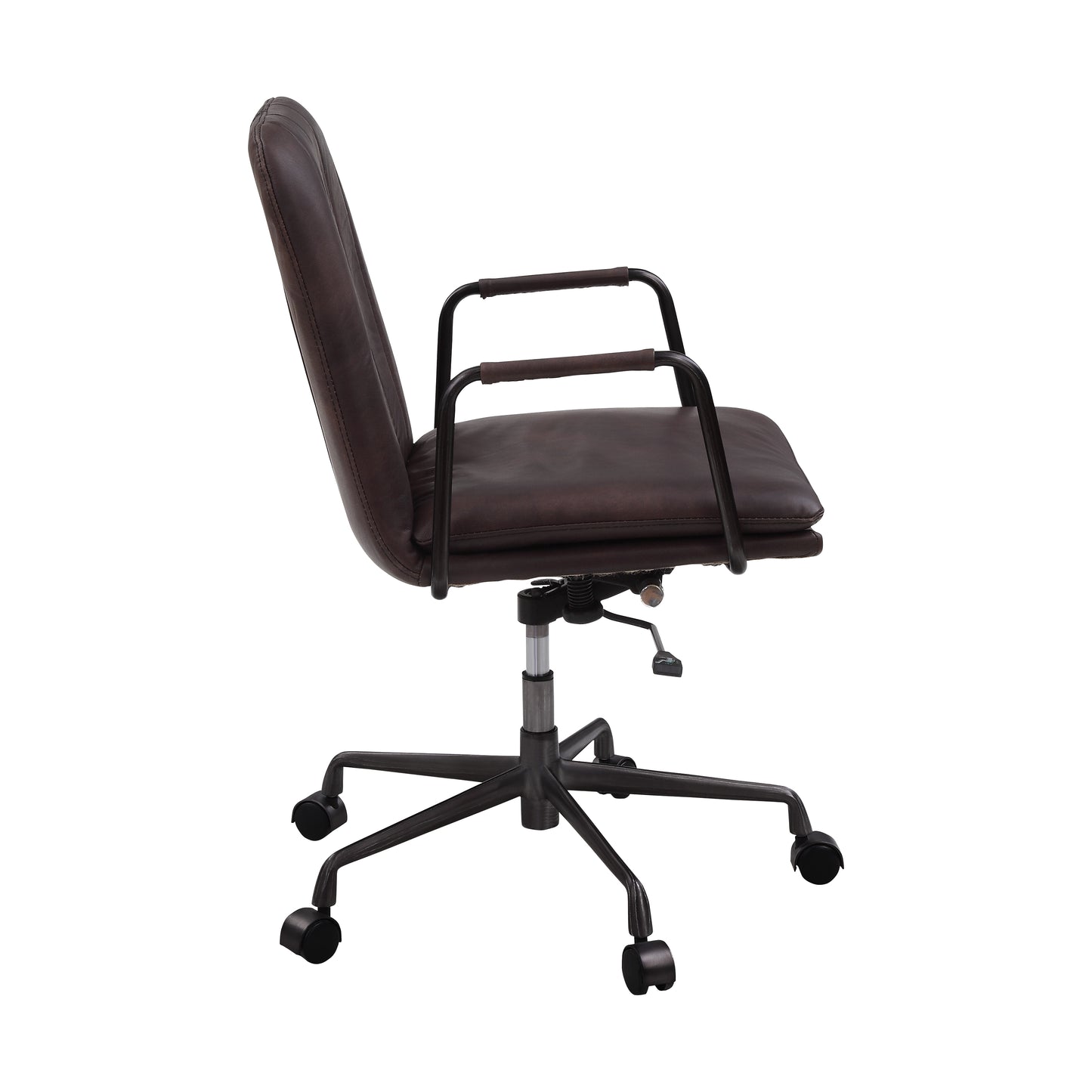 Brown faux leather office chair with adjustable height and rolling casters for home or business use