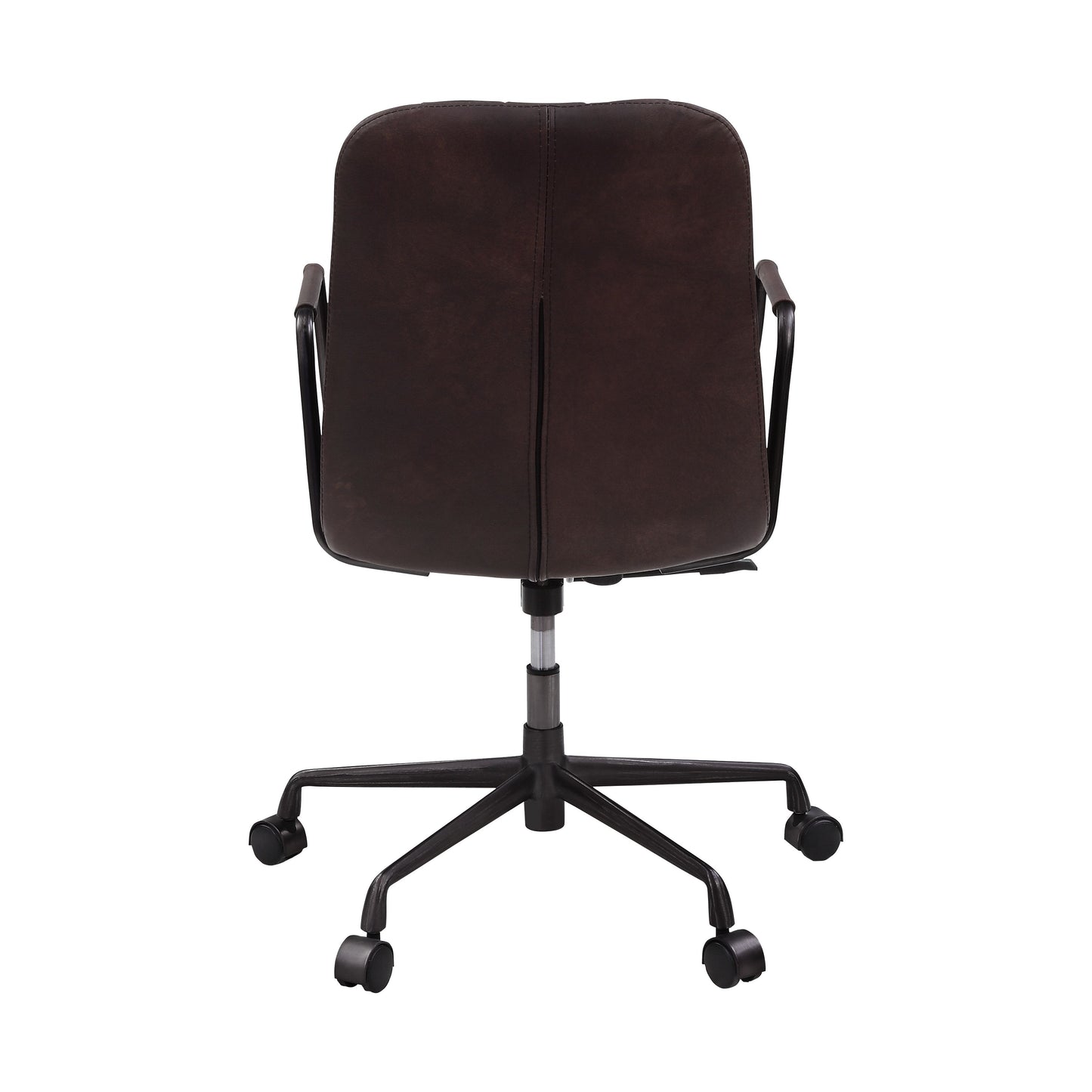 Brown faux leather office chair with stitched back and black metal frame