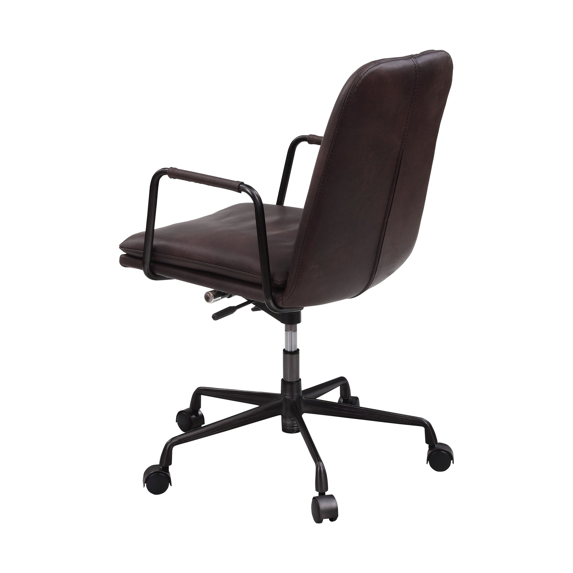 Brown faux leather executive chair with black metal arms and fivewheel base