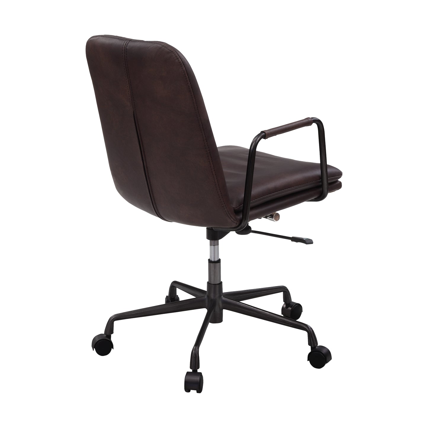 Dark brown faux leather office chair with adjustable height and black metal base