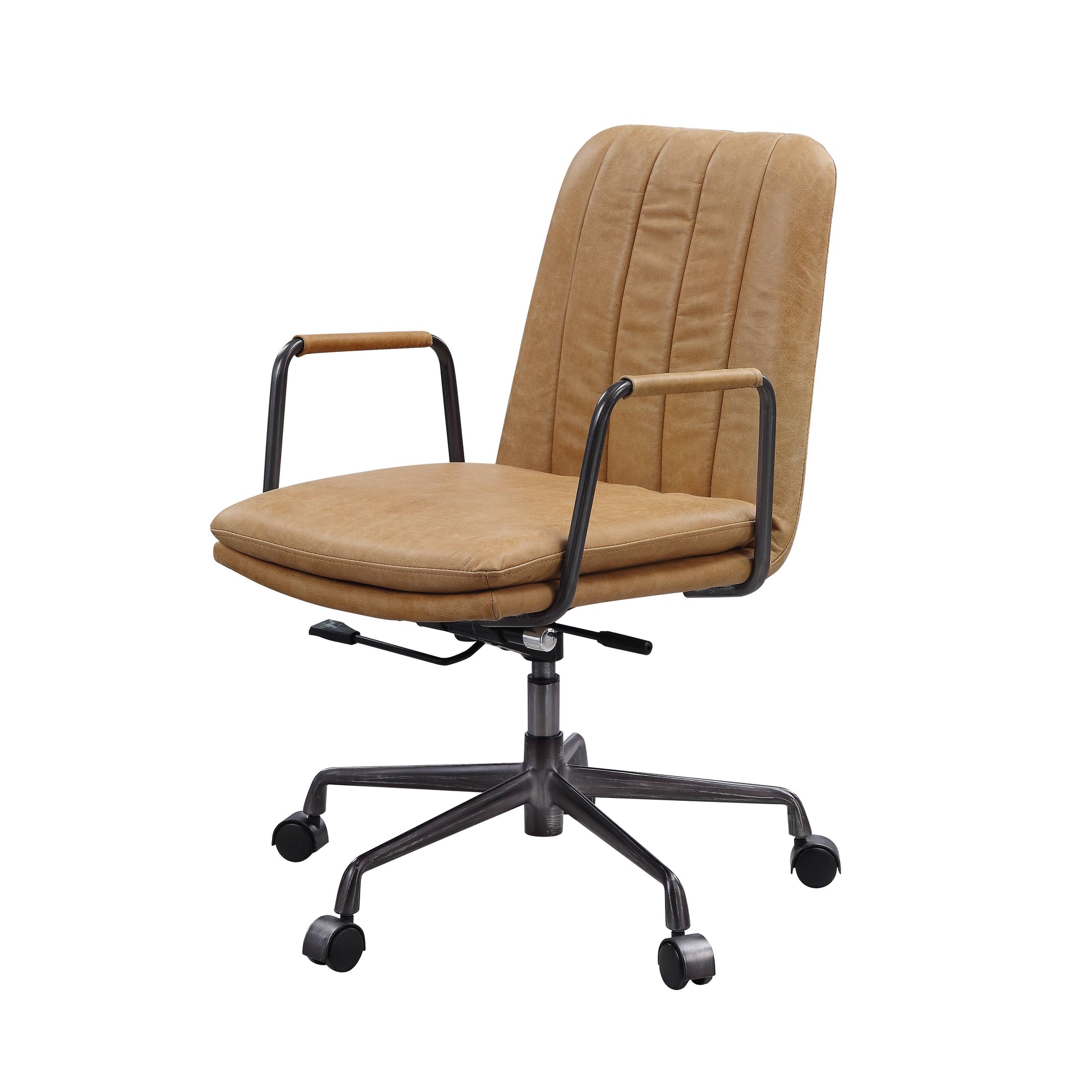 Tan faux leather office chair with padded seat and arms on black metal base
