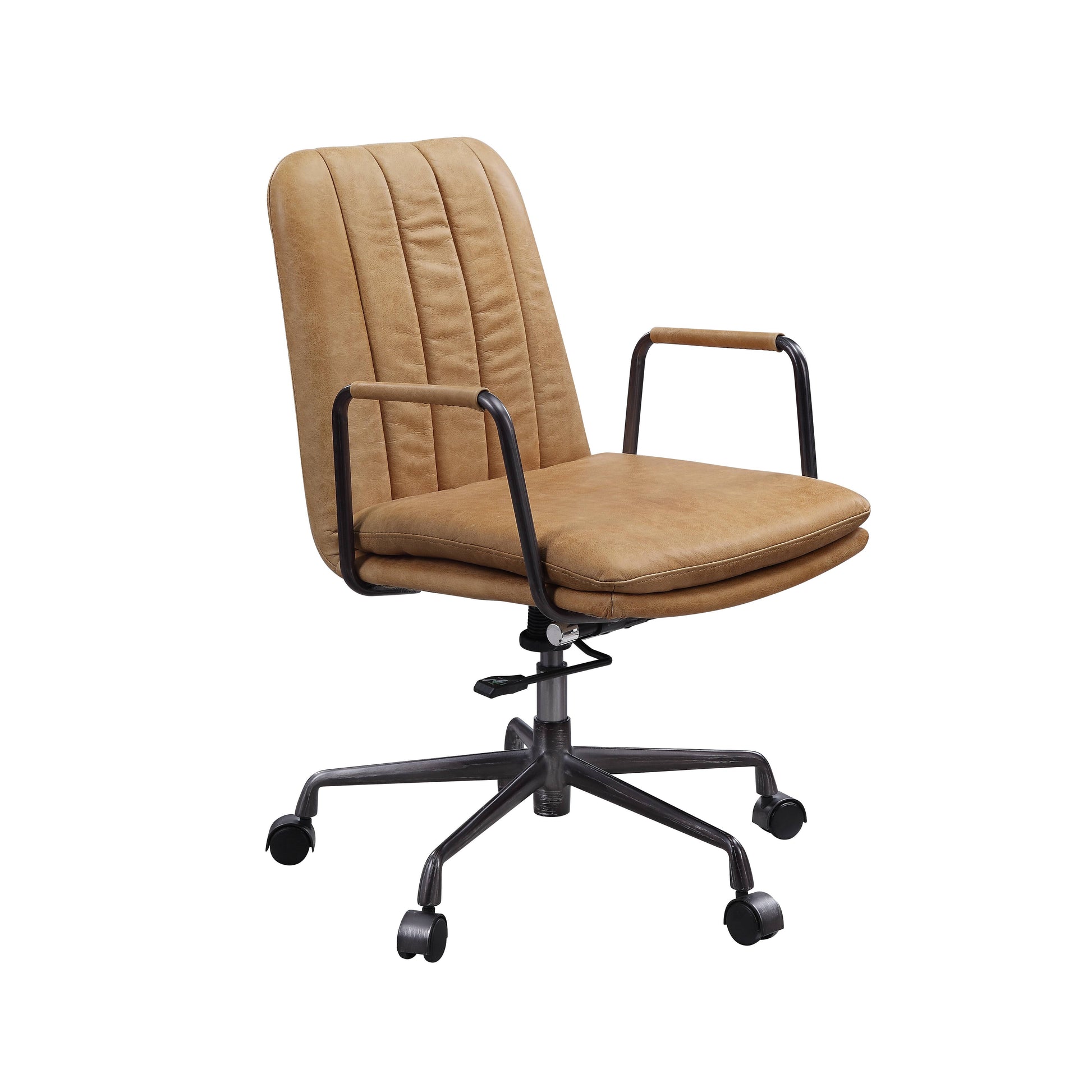 Tan executive desk chair with stitched detailing and black metal base