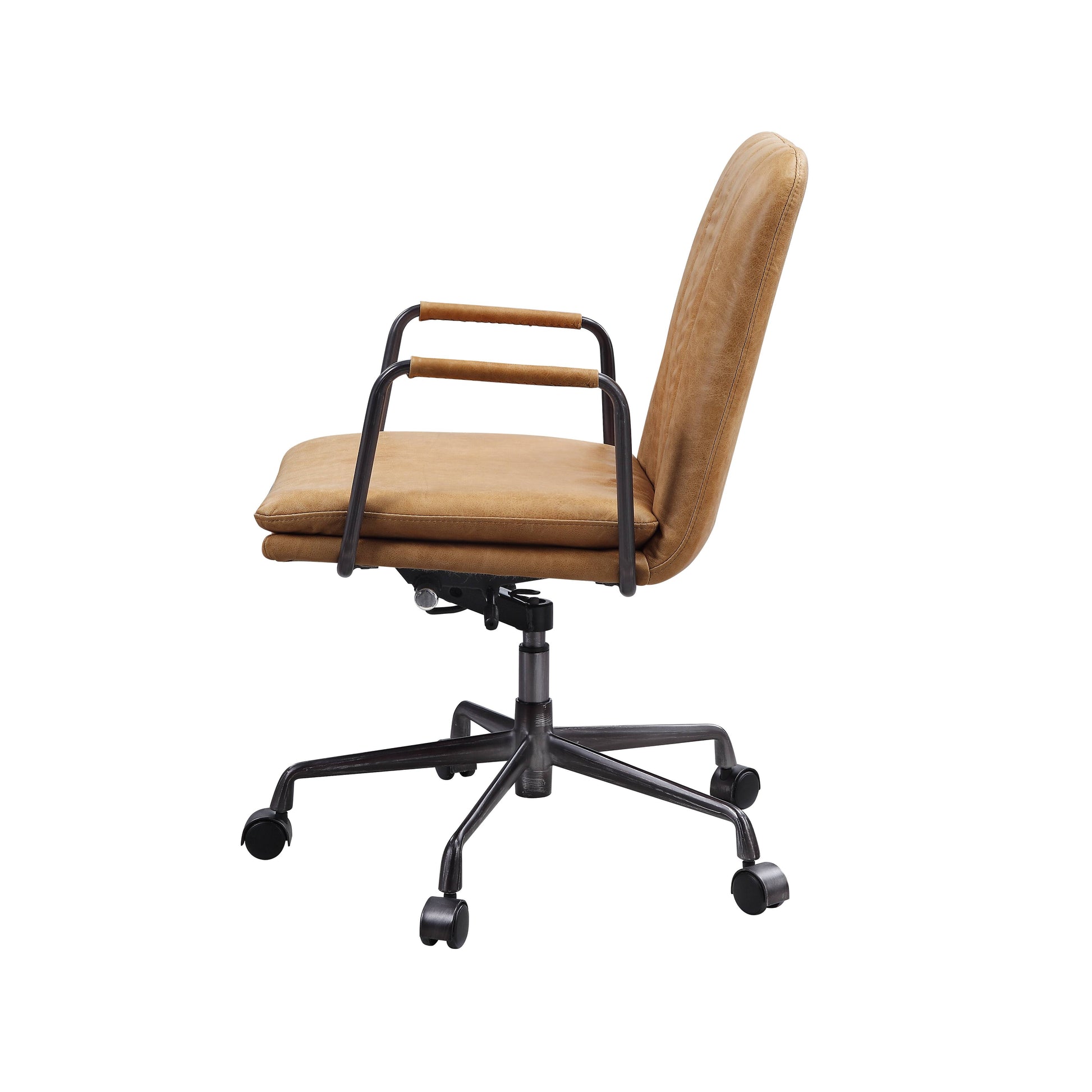 Tan leather executive office chair with metal frame and casters