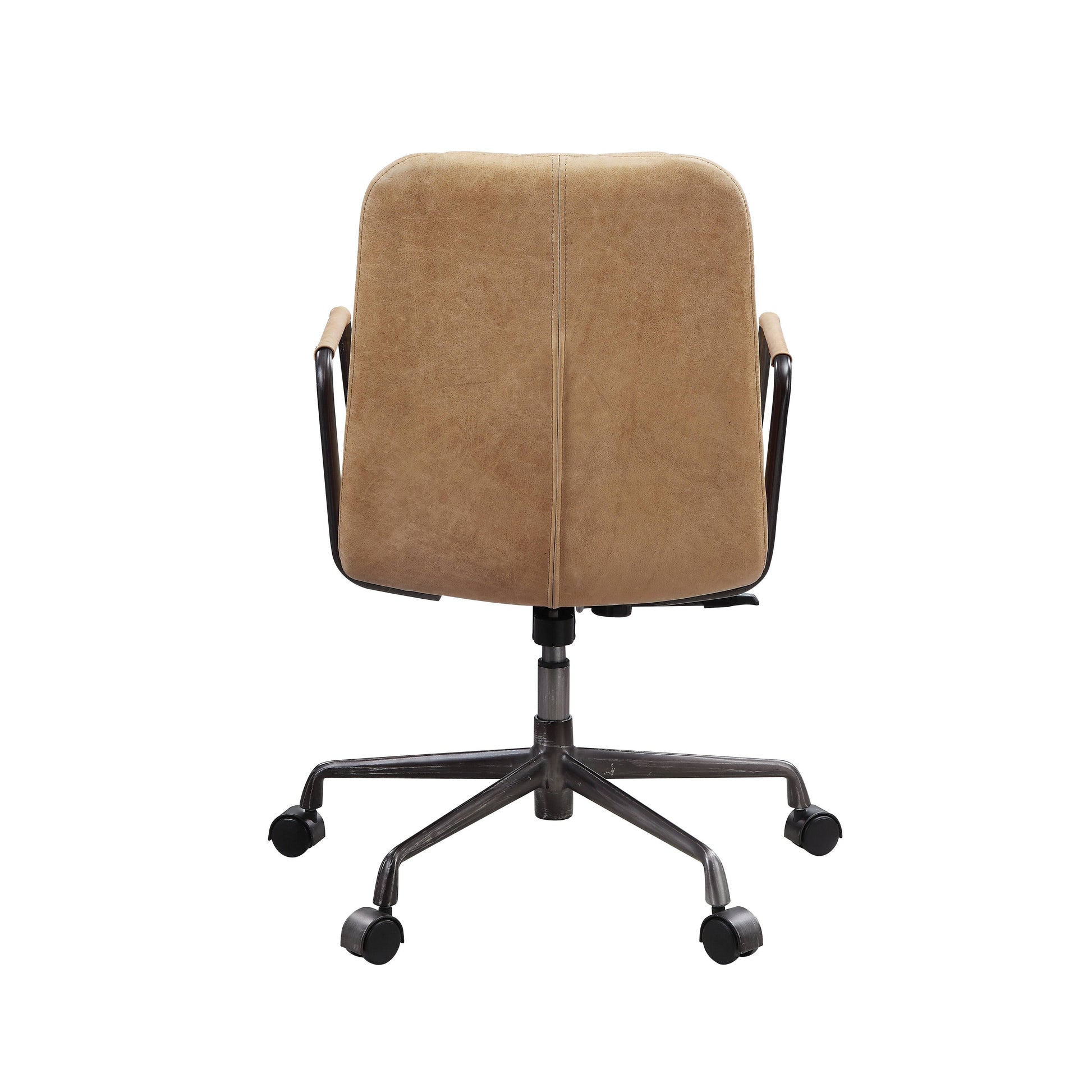 Tan distressed leather executive office chair with black metal base and casters