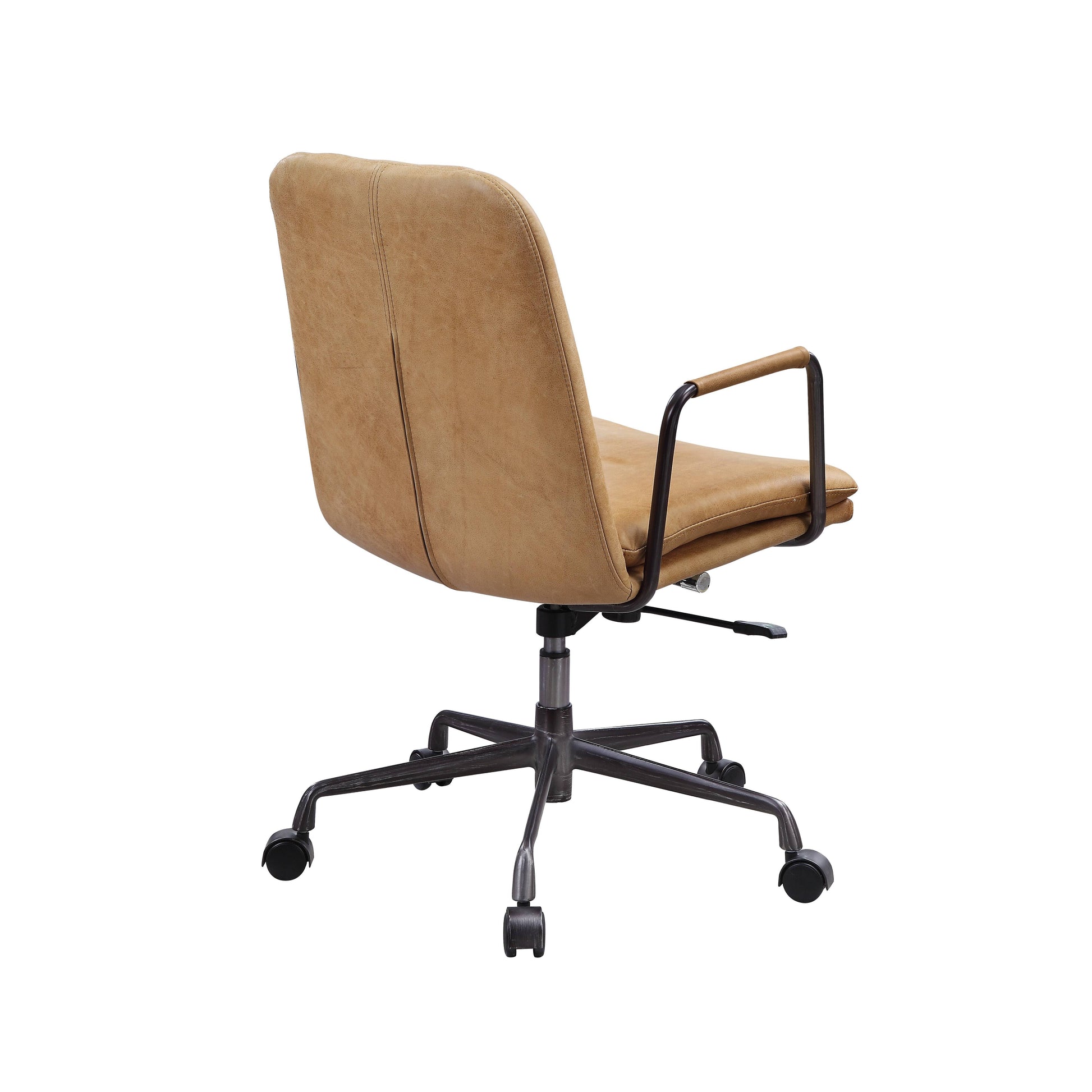 Tan leather office chair with black metal frame and casters