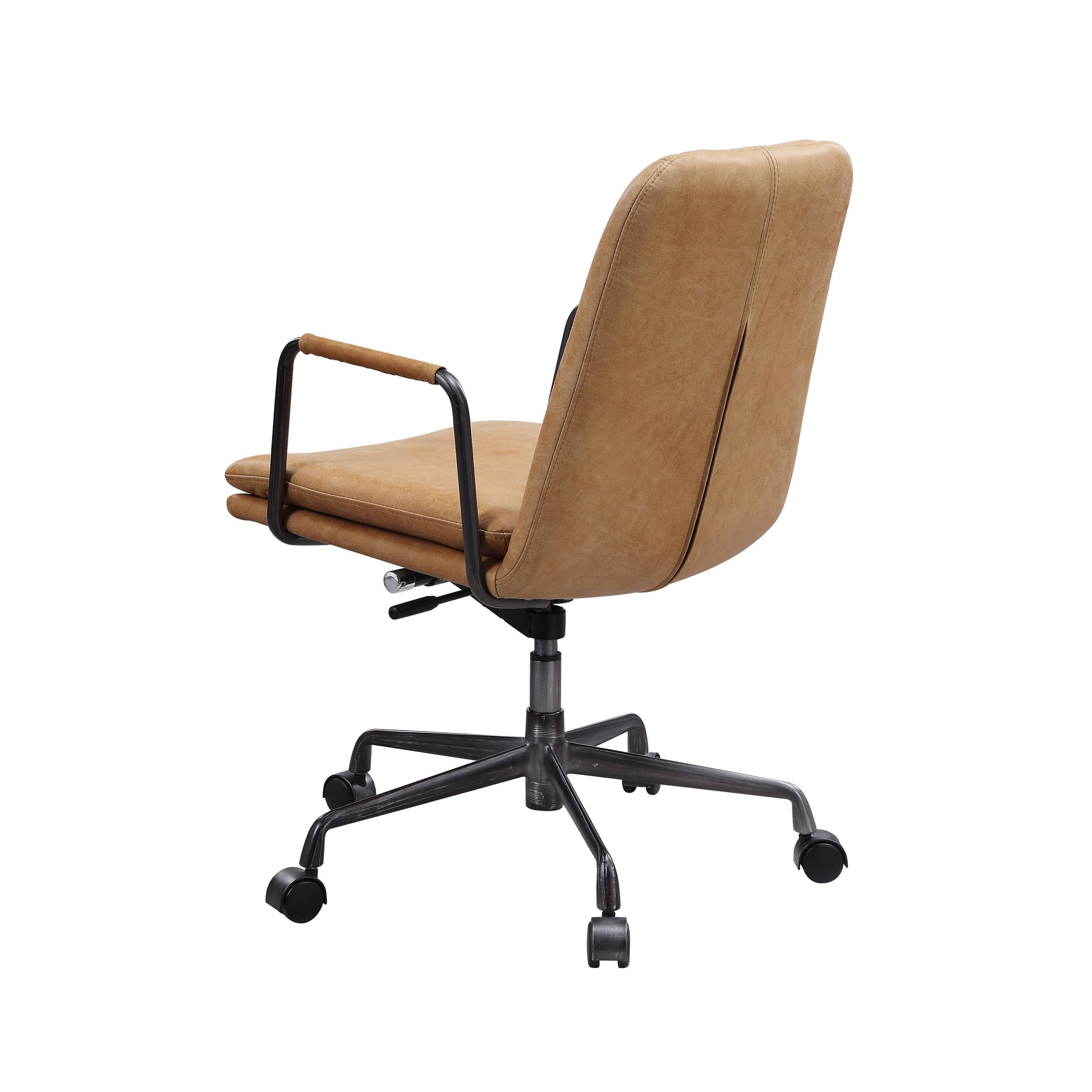 Tan faux leather office chair with metal base and casters ideal for home office use