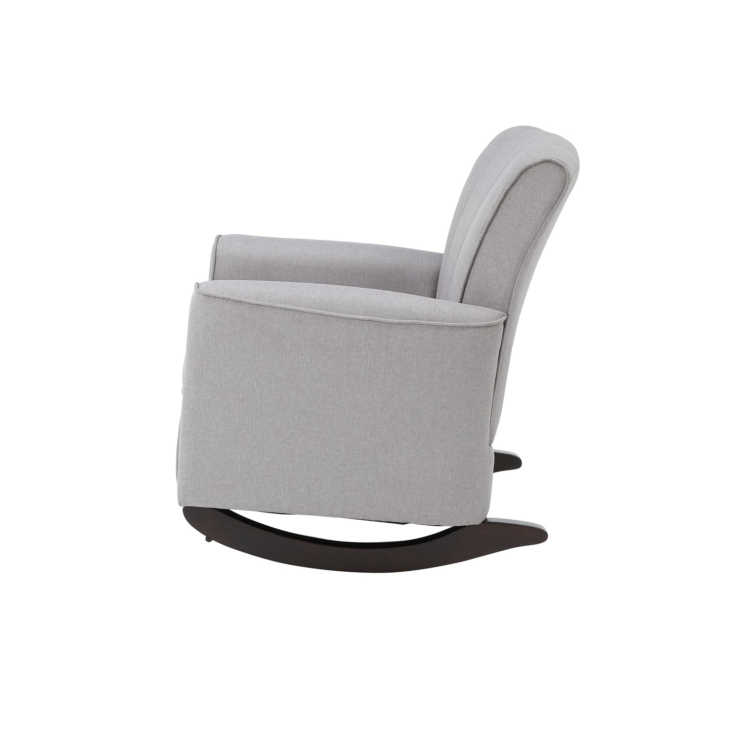 Light grey fabric upholstered nursery glider with dark wood rocking base
