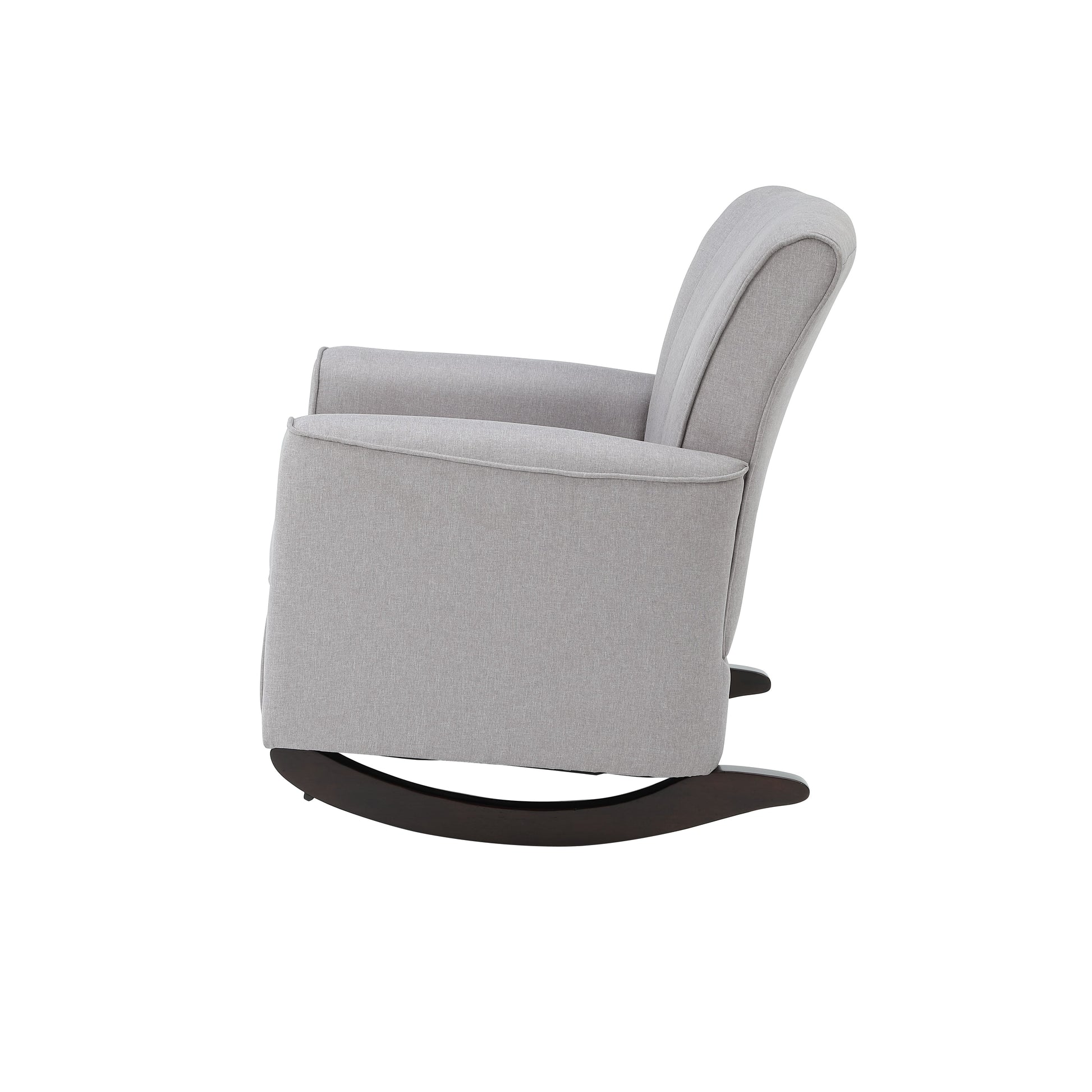 Light grey fabric upholstered nursery glider with dark wood rocking base