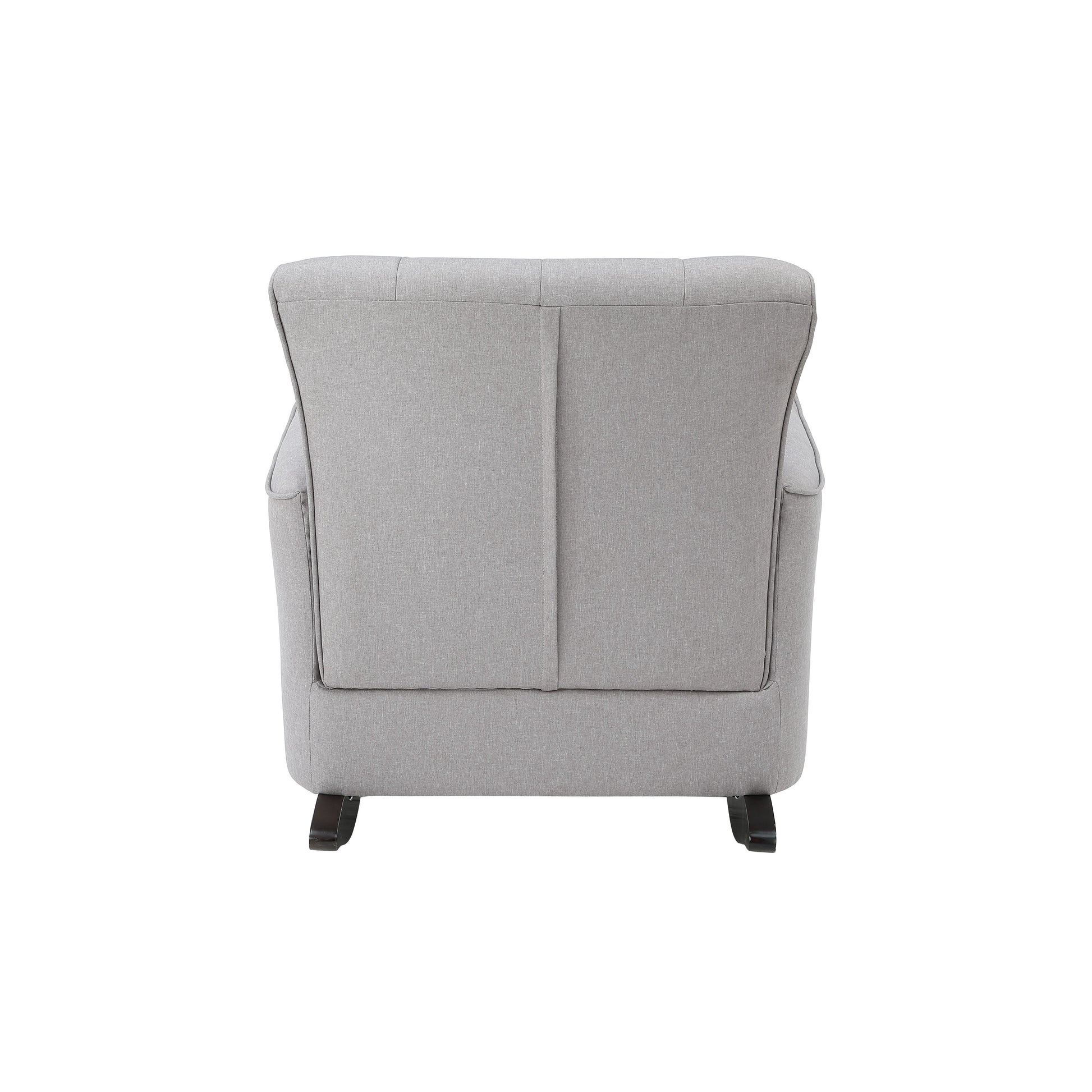 Tufted back light gray fabric armchair with dark wooden legs