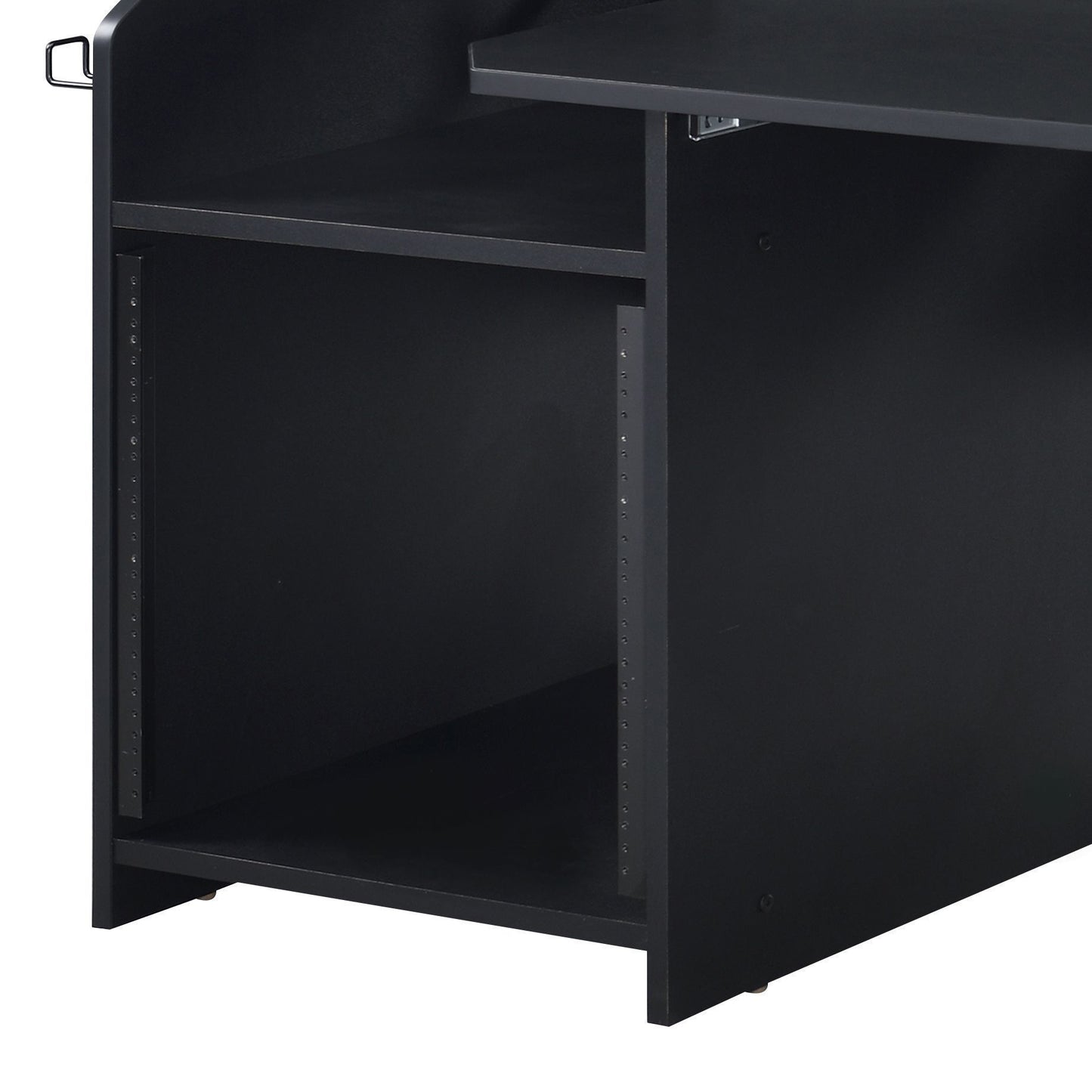 Closeup of black studio desk shelves with rackmount slots