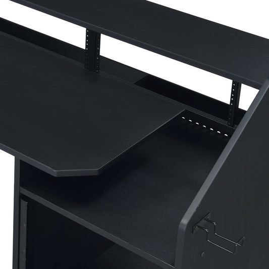 Black studio desk with elevated shelf and rack mounting space for audio equipment