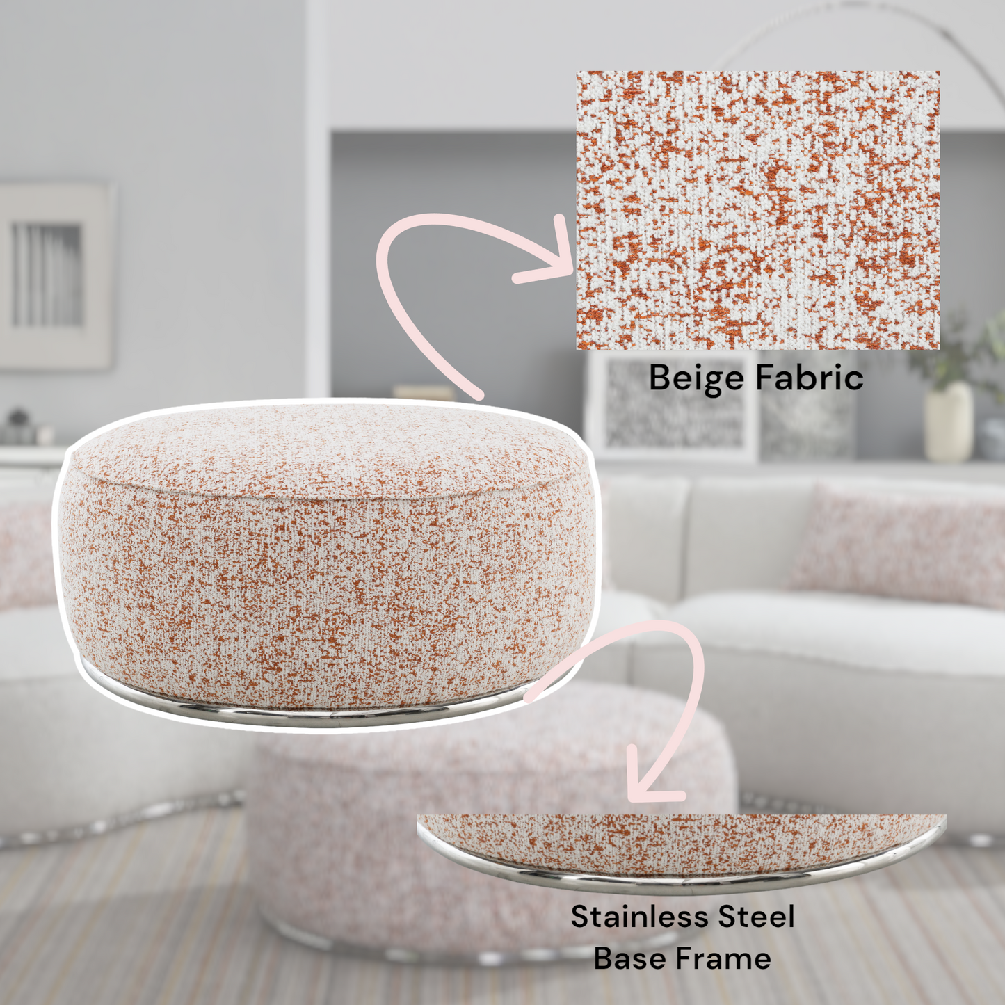 Textured beige fabric ottoman with stainless steel base frame