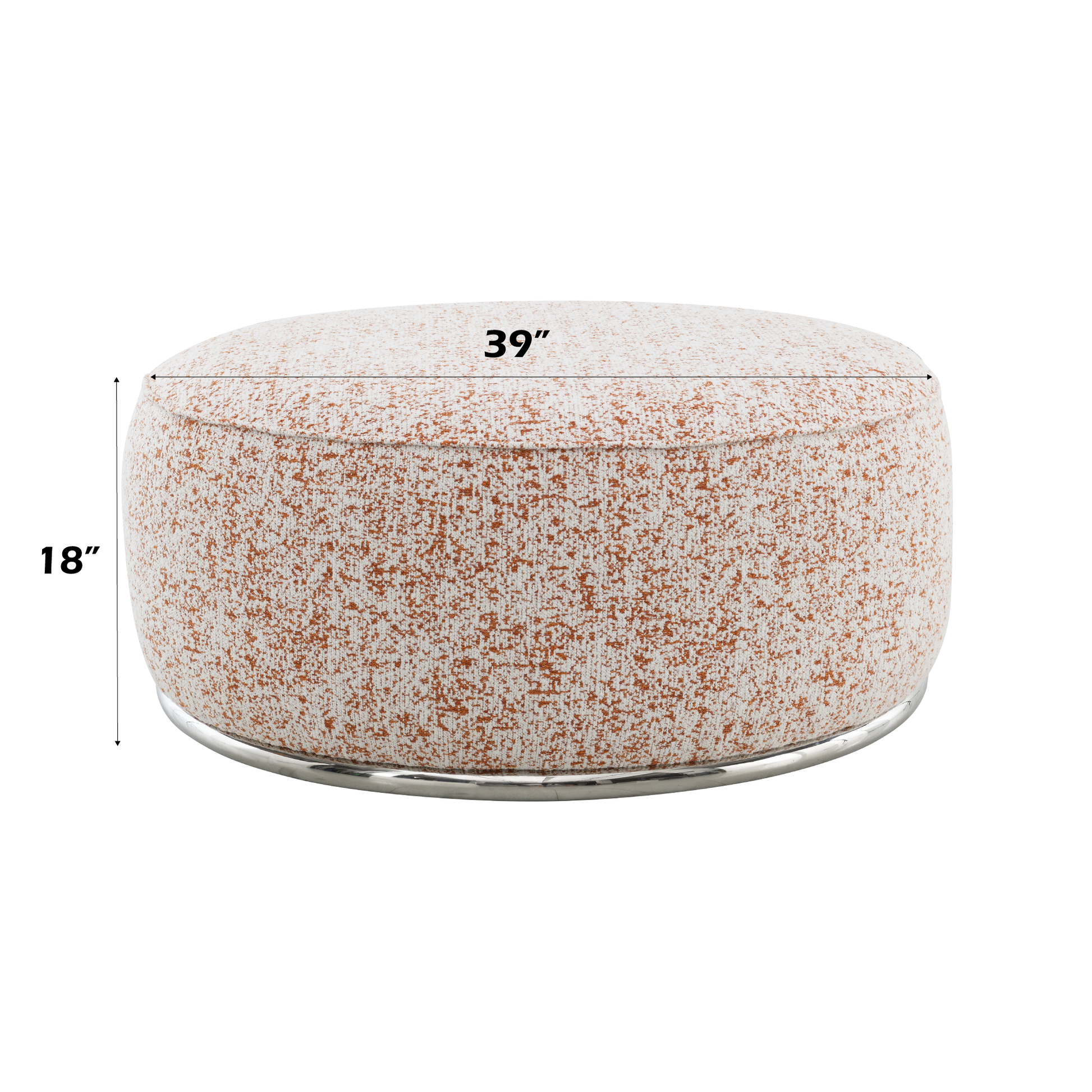 Round upholstered ottoman with textured cream and rust fabric  diameter