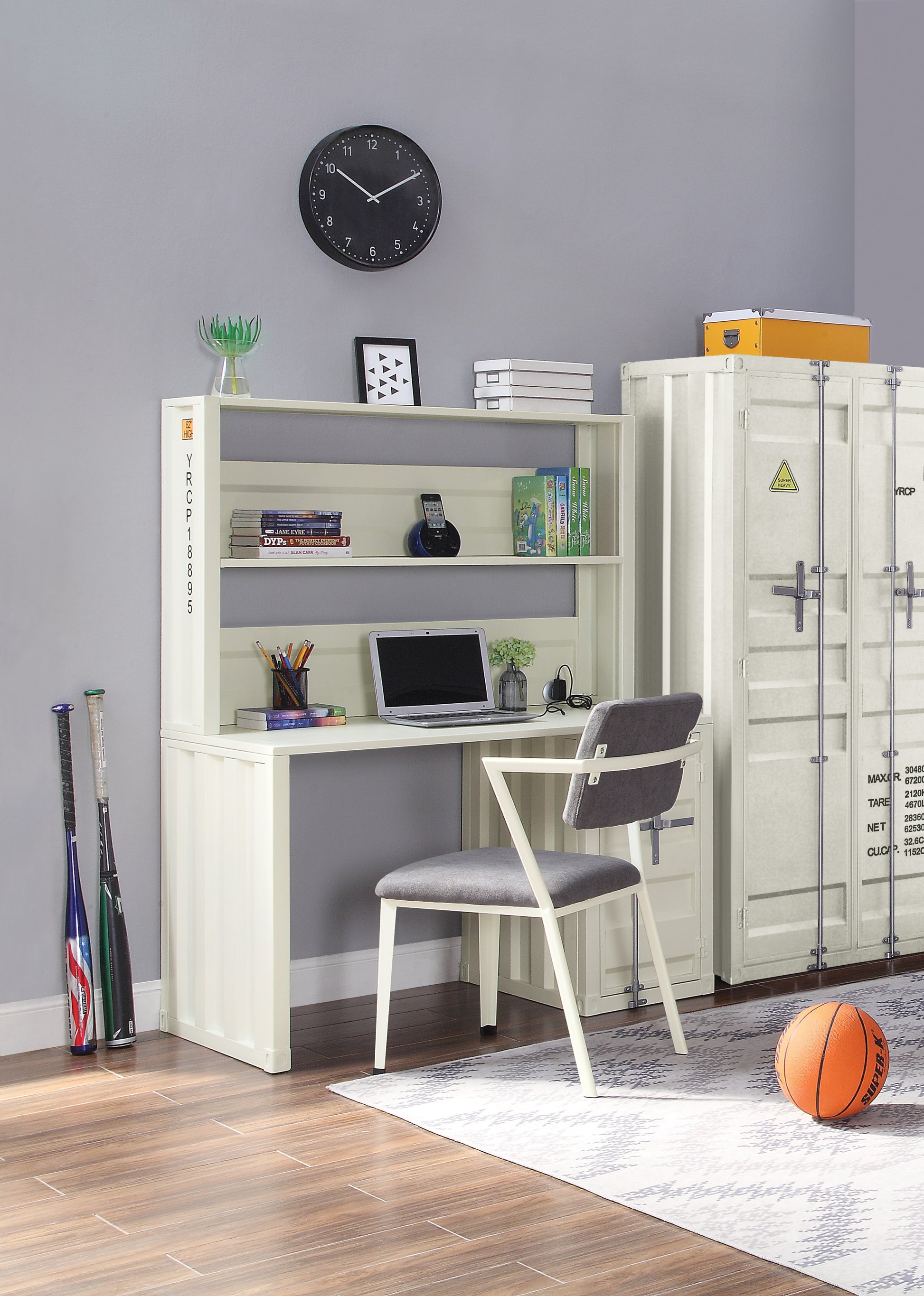 White metal desk with hutch laptop and chair perfect for a modern home office