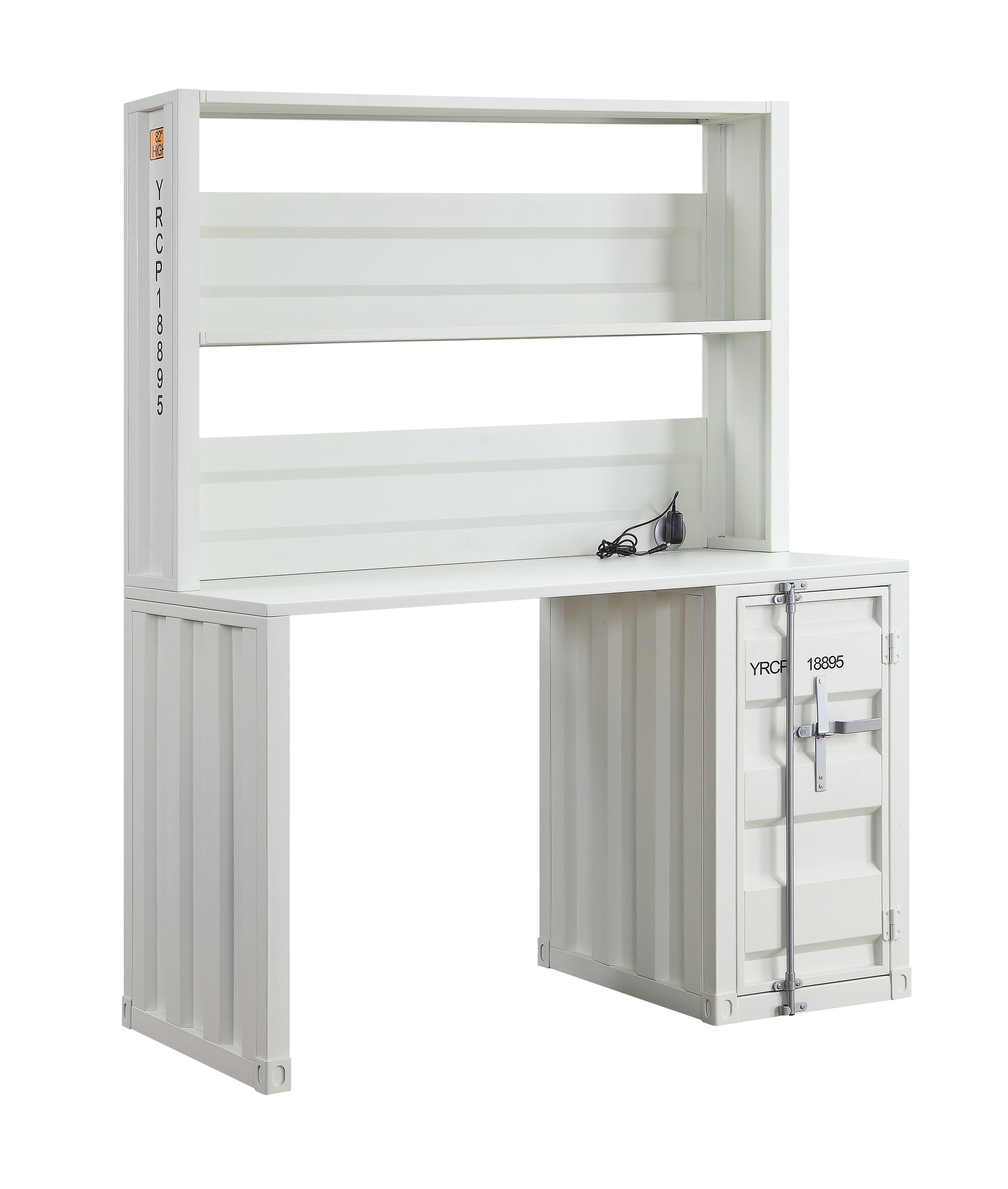 White industrial desk with shelving and cabinet storage inspired by shipping containers