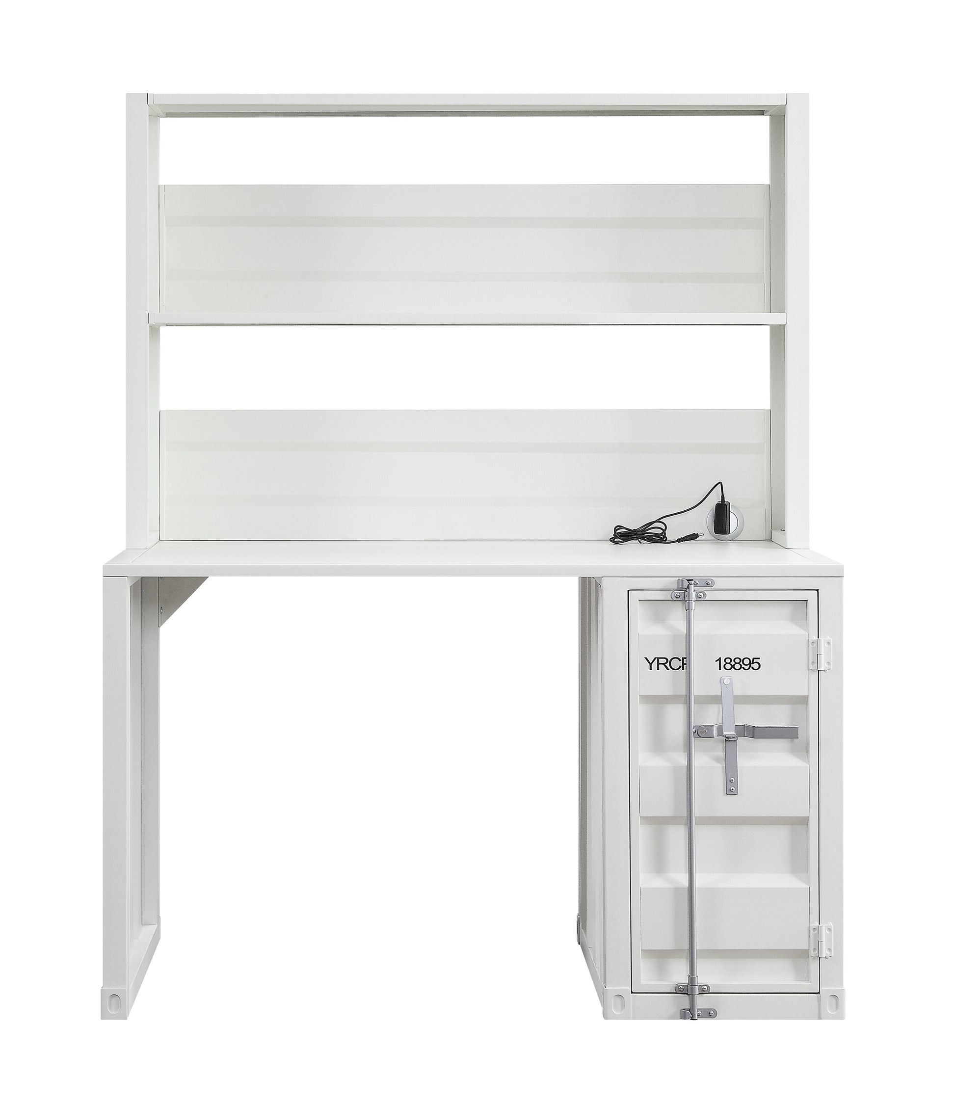 Modern white shipping container desk with integrated shelves and storage cabinet