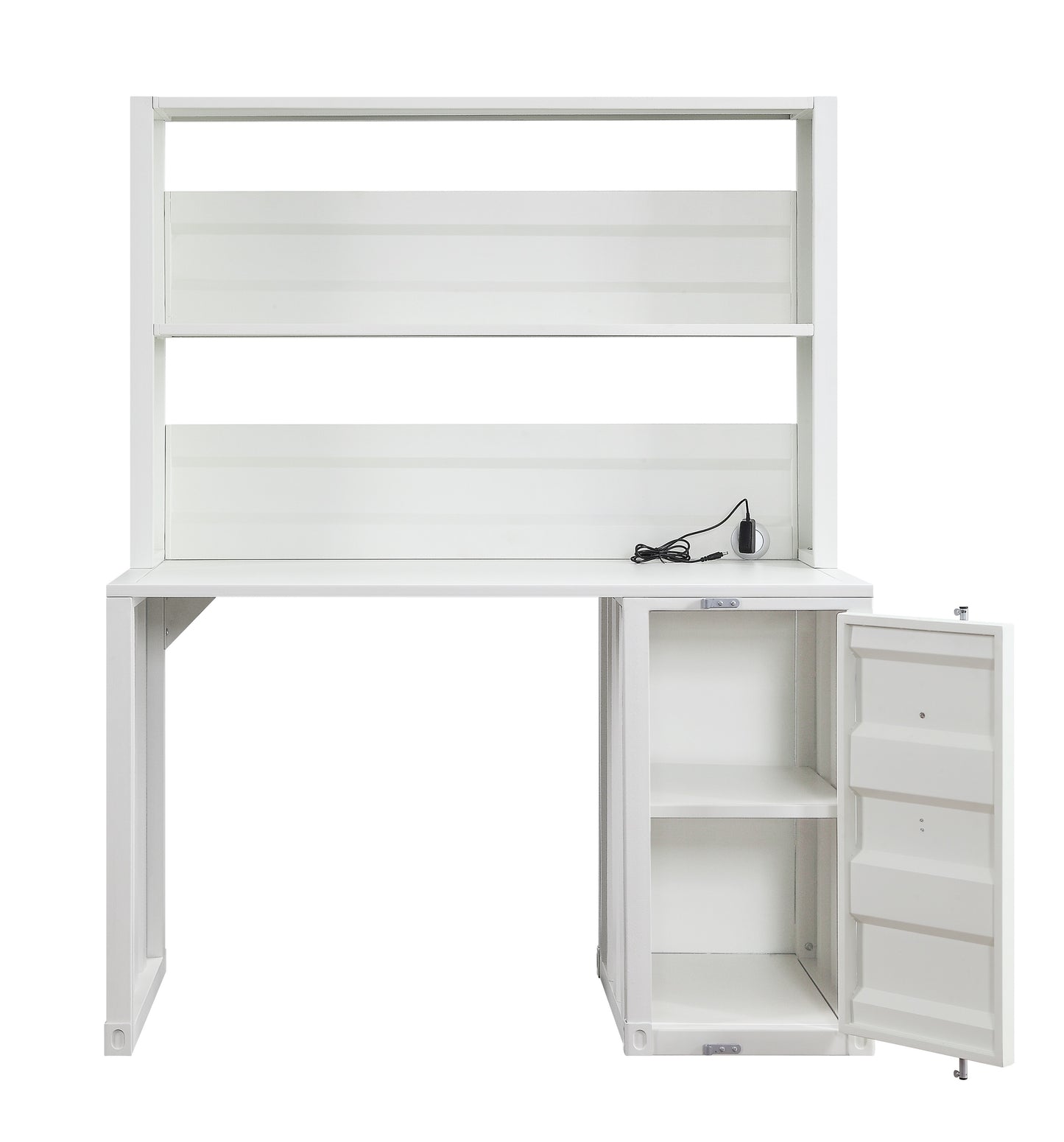 White metal desk with open storage cabinet and top shelving unit
