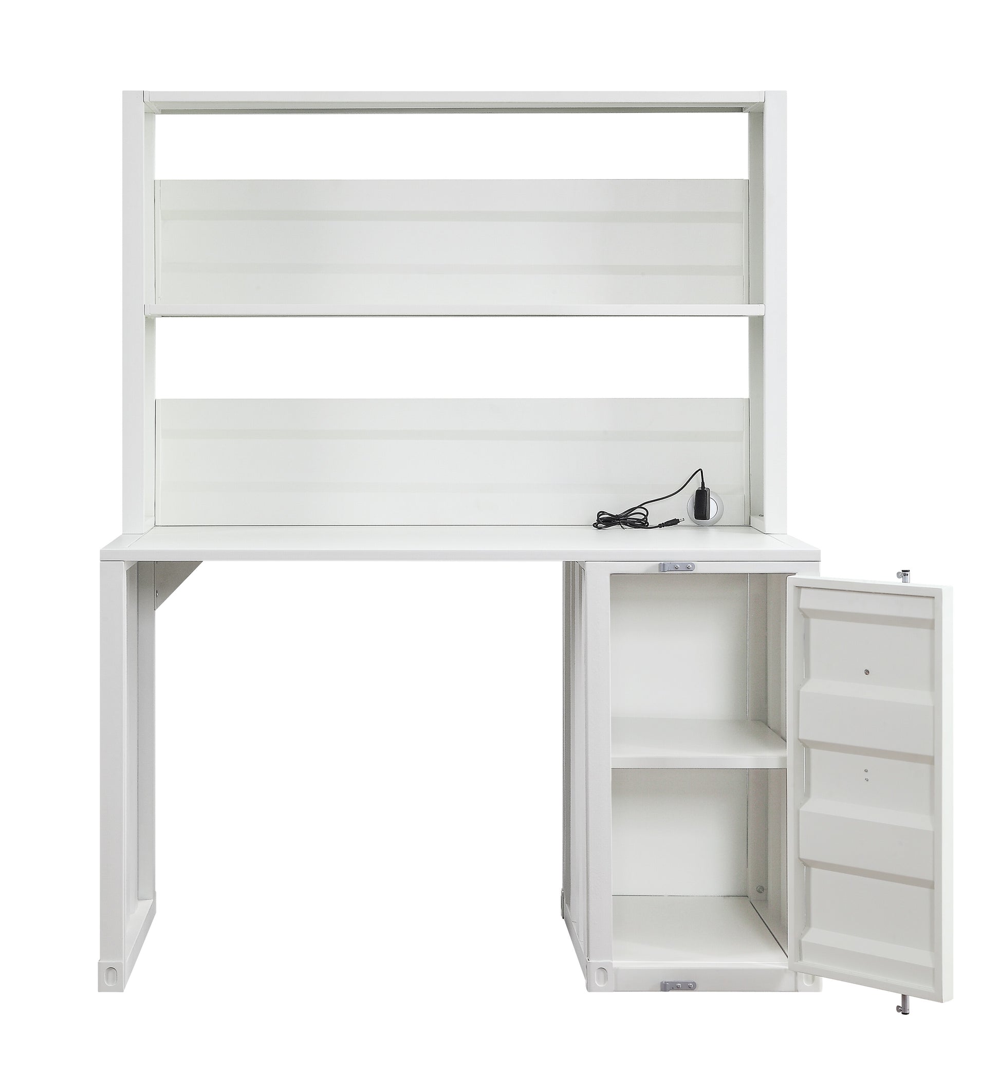 White metal desk with open storage cabinet and top shelving unit
