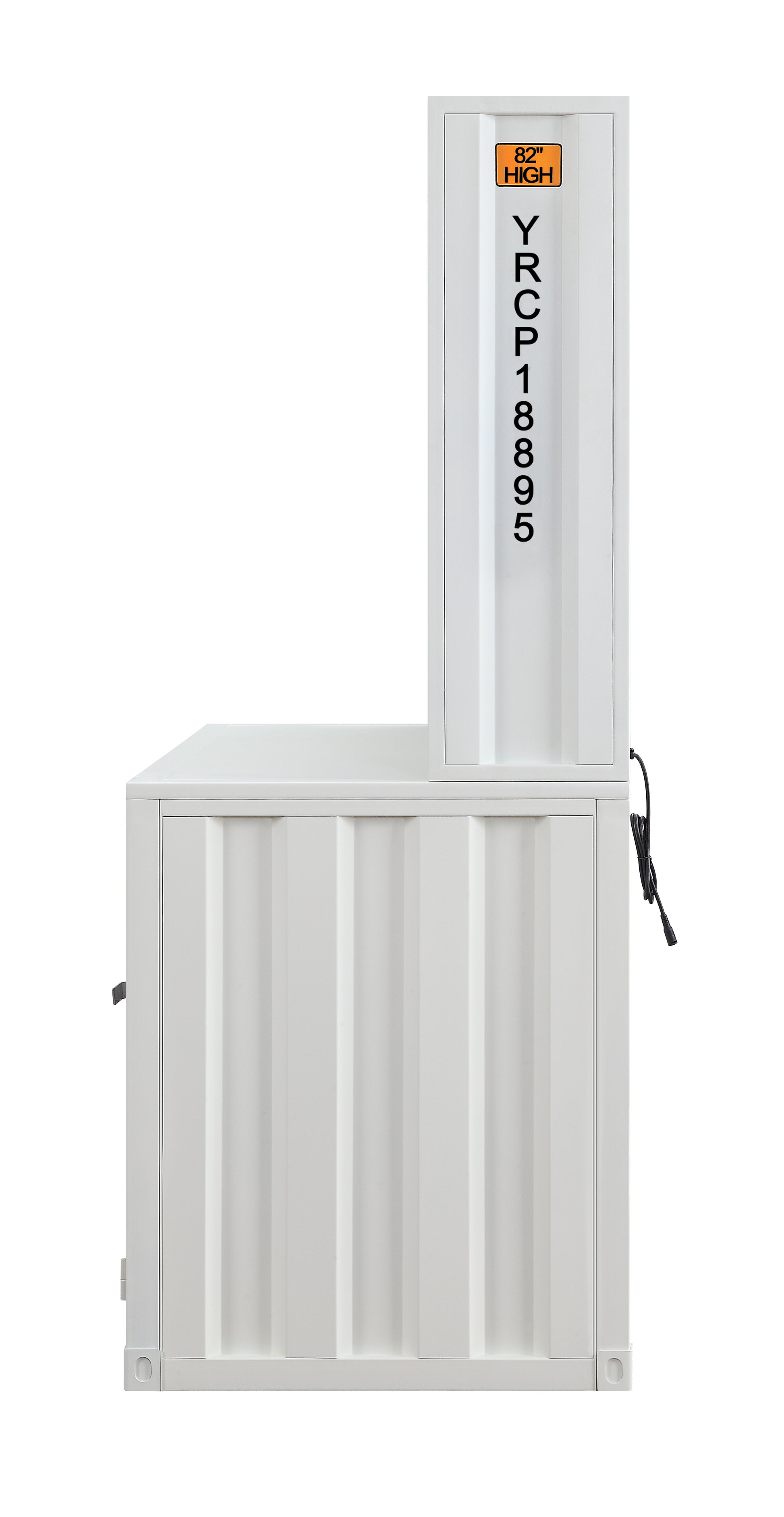 White metal storage cabinet with corrugated sides and numerical identifier