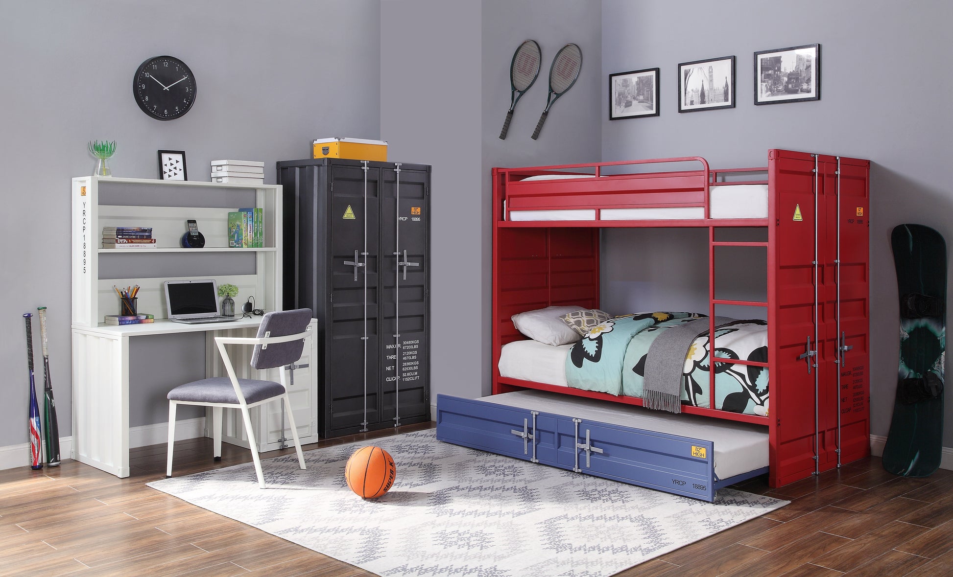 Red metal bunk bed with blue pullout trundle ideal for childrens bedroom