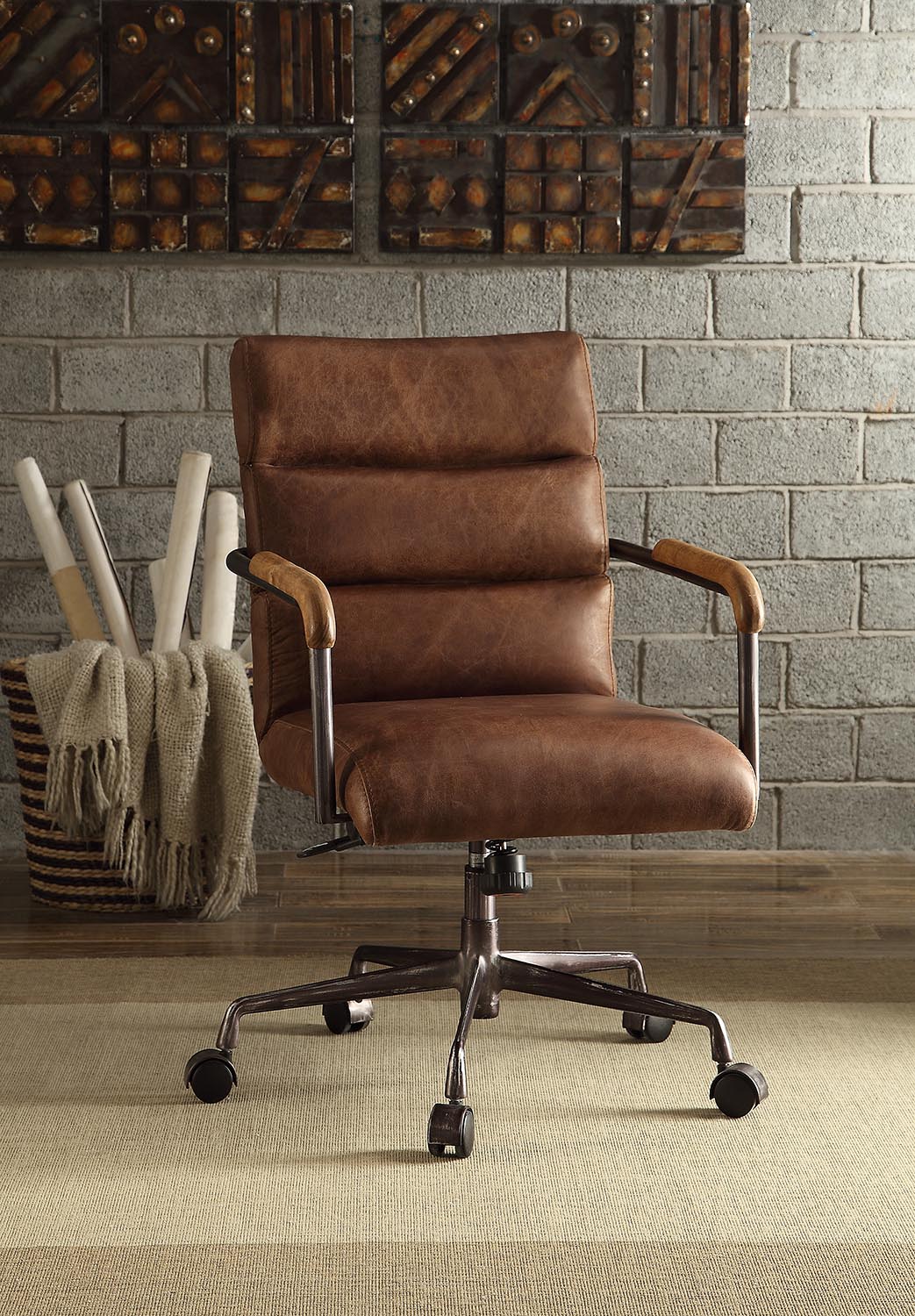 Brown faux leather executive office chair with tufted seat and adjustable height