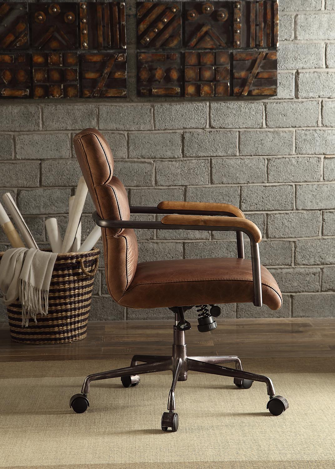 Vintage brown leather office chair with wooden armrests and metal base