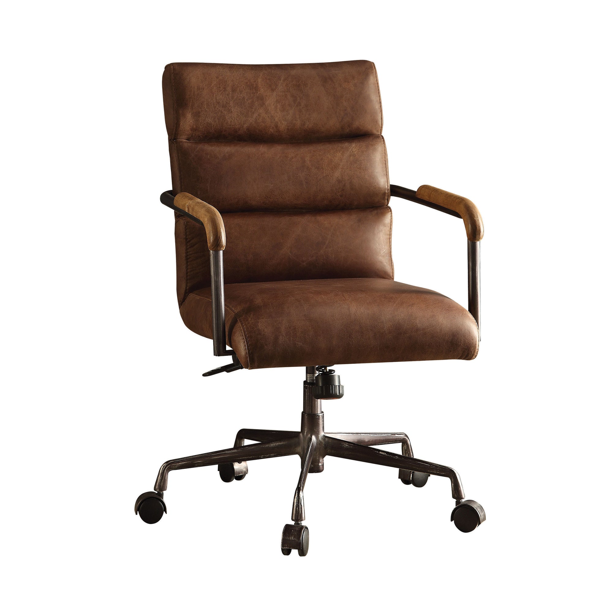 Brown distressed leather office chair with wooden armrests and a metal base