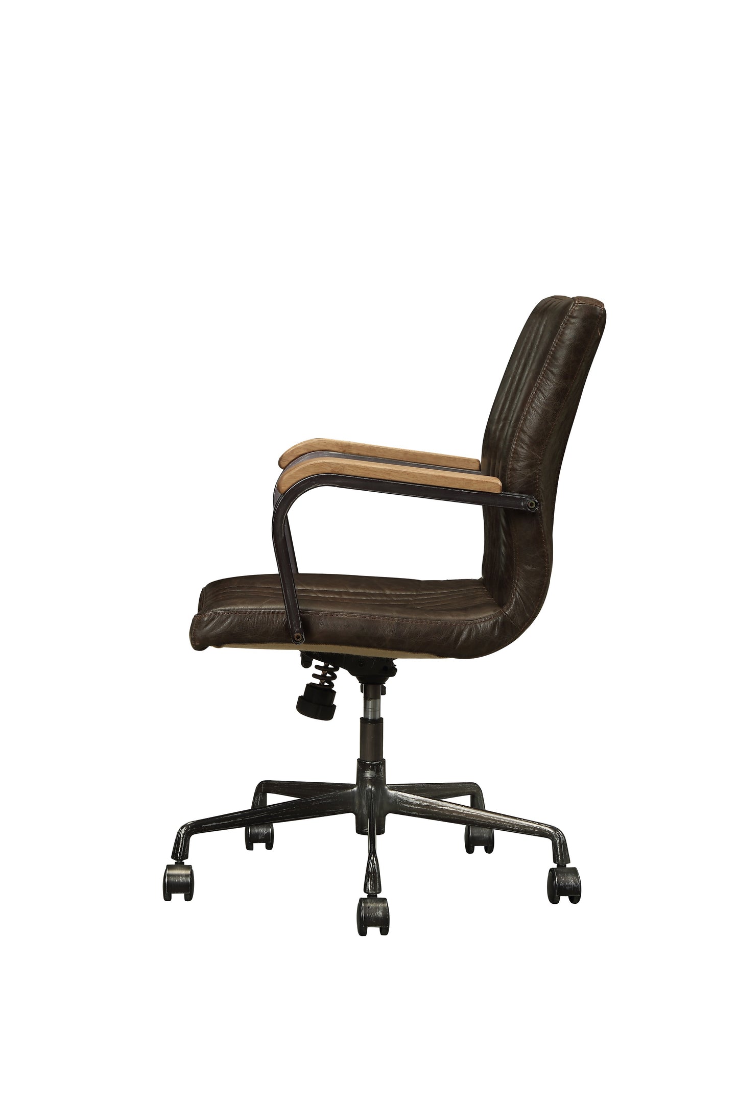 Brown distressed leather office chair with wooden armrests and fivestar base