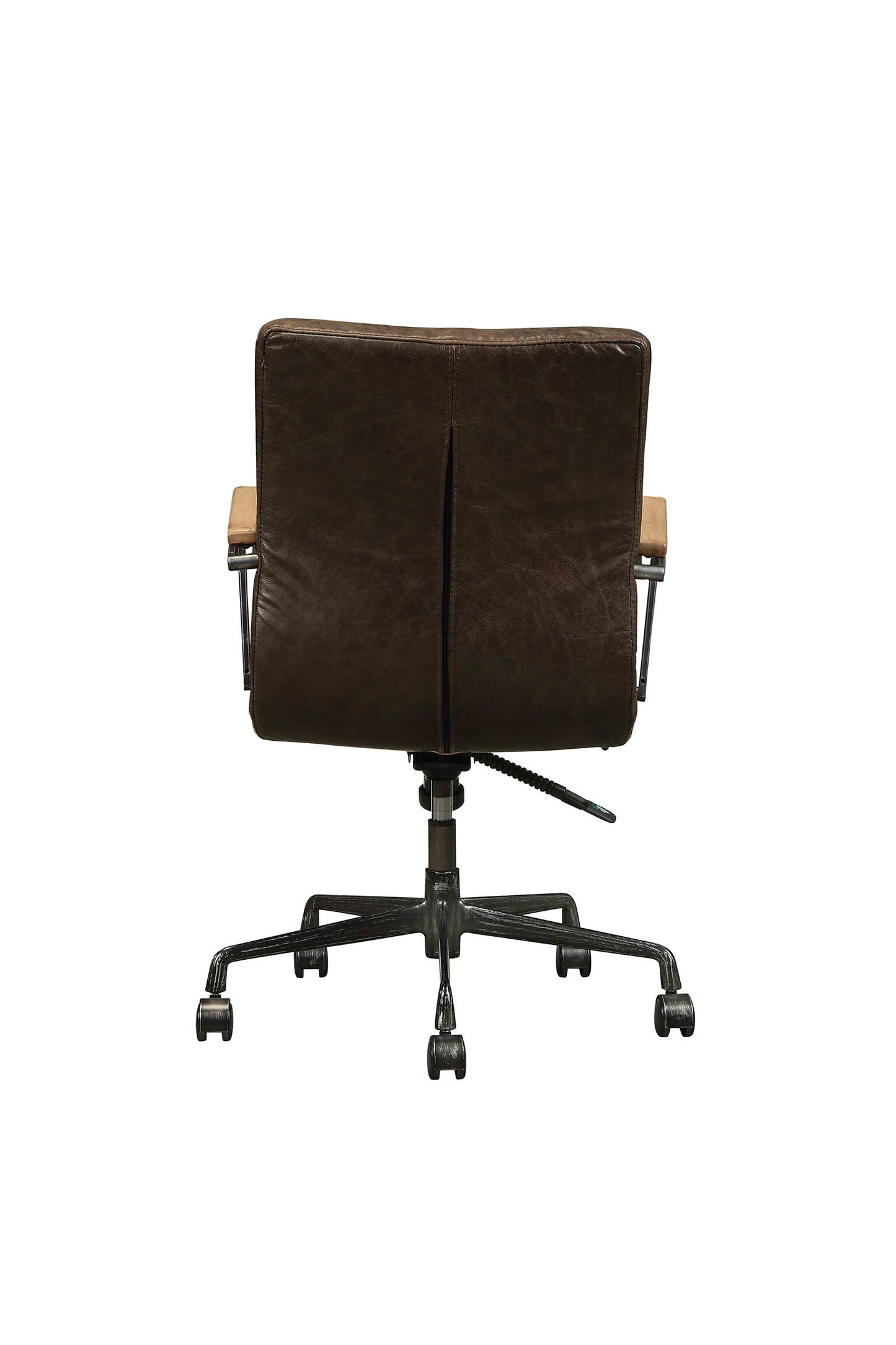 Dark brown distressed leather office chair with light wood armrests and metal base