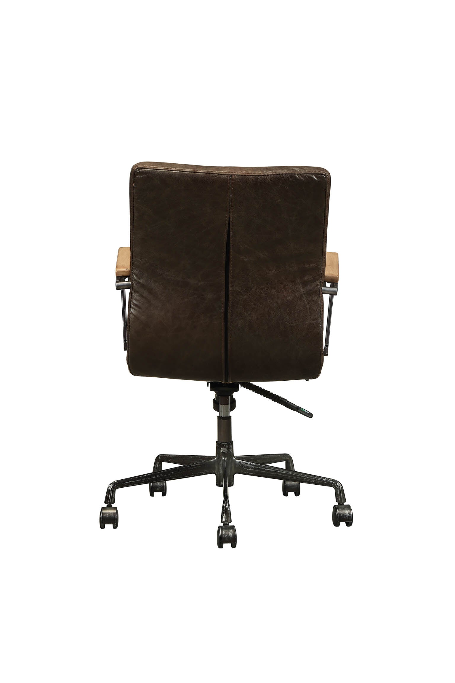Dark brown distressed leather office chair with light wood armrests and metal base