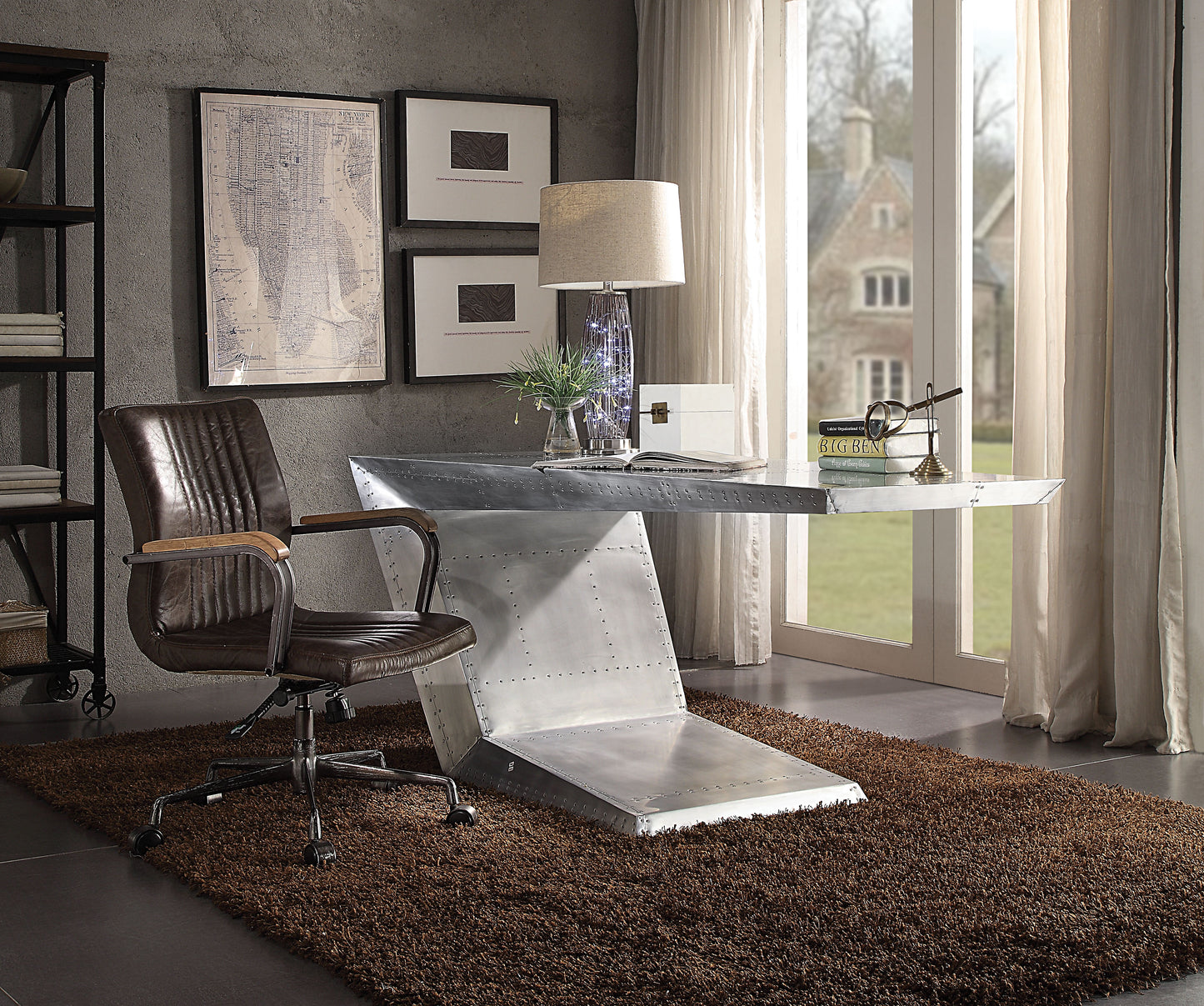 Brown leather executive chair with wood accents and metal base