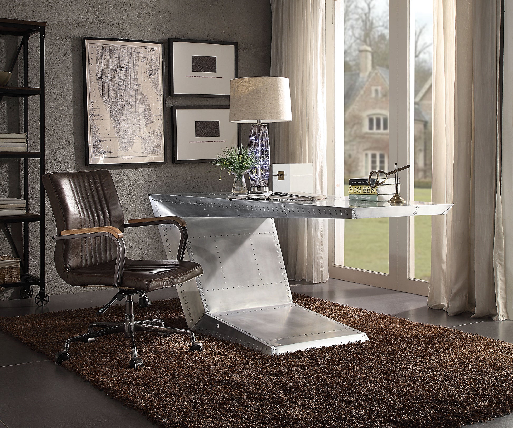 Brown leather executive chair with wood accents and metal base