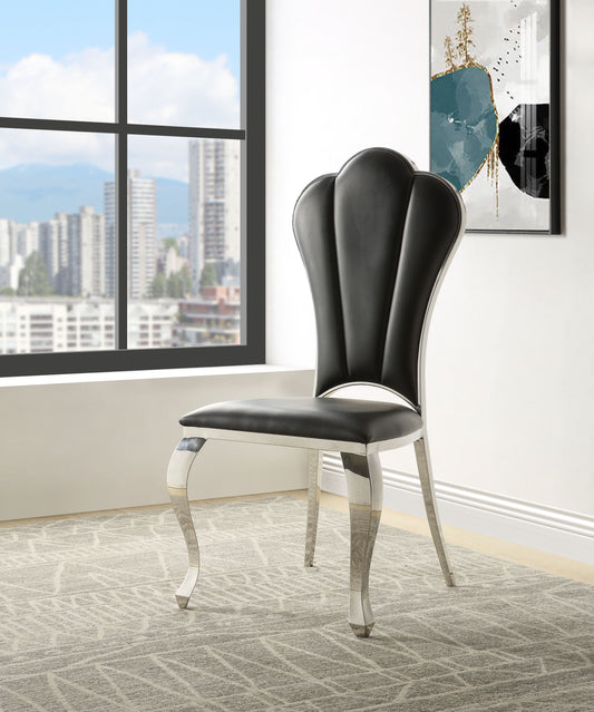 Black leather dining chair with polished chrome legs elegant scalloped back