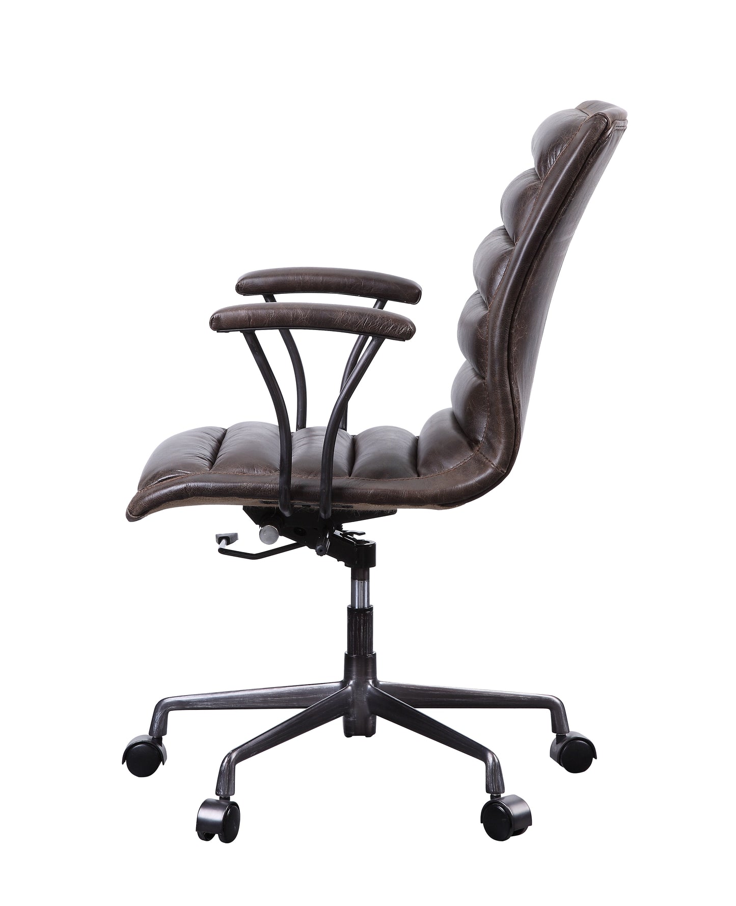 Dark brown tufted leather executive office chair with metal arms and base
