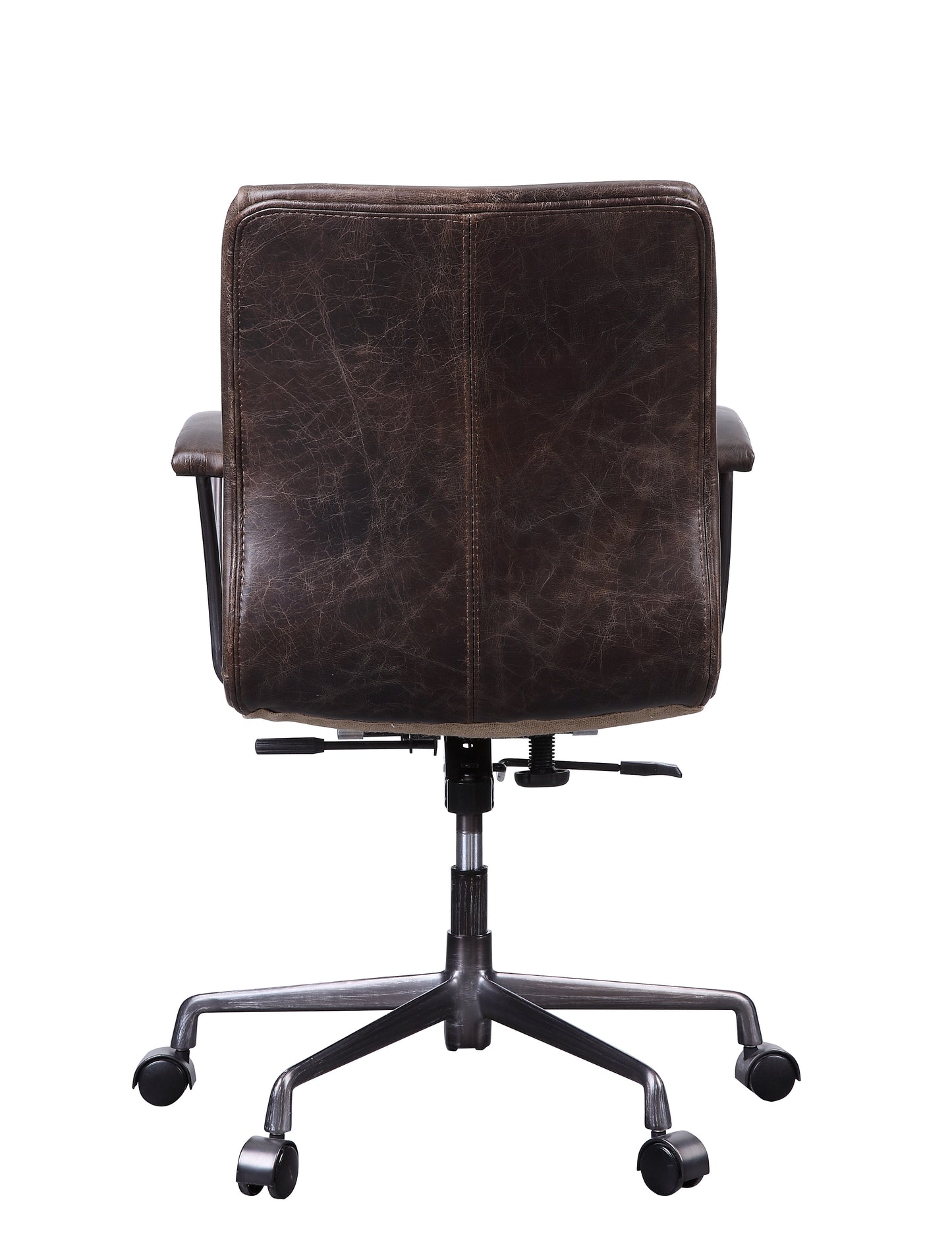 Dark brown distressed leather office chair with metal base and casters