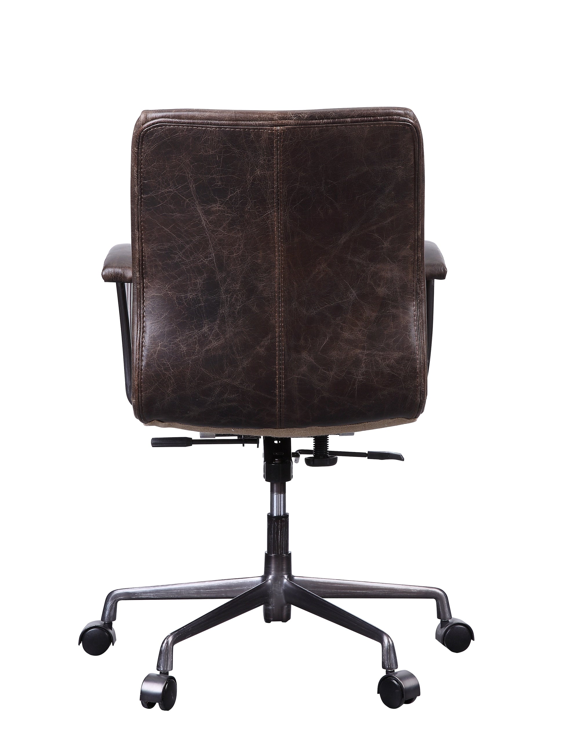 Dark brown distressed leather office chair with metal base and casters