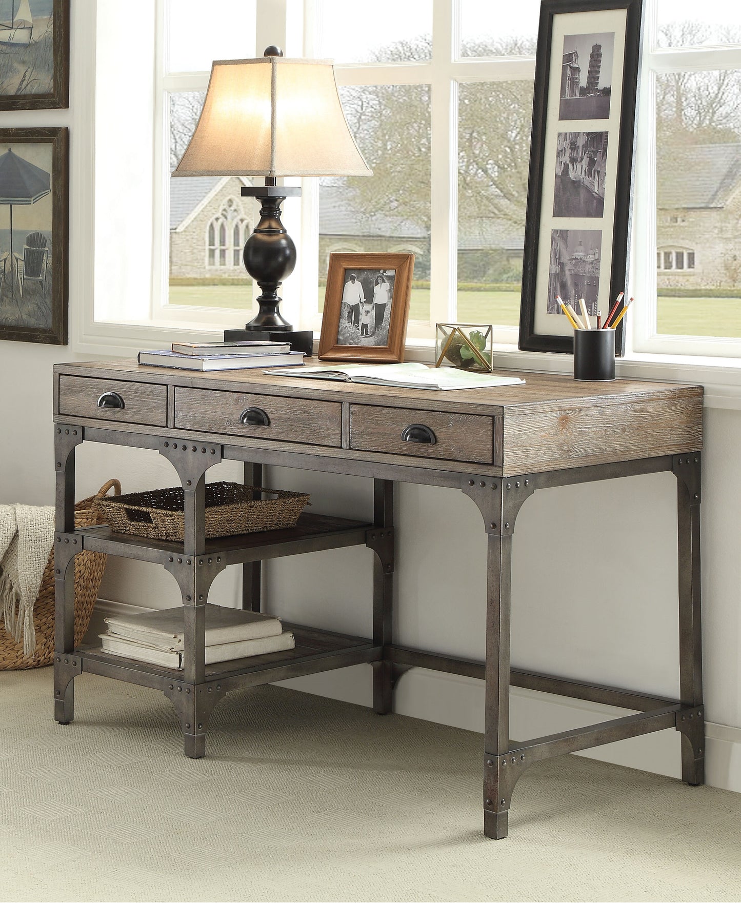 Rustic industrial desk with three drawers and two shelves featuring distressed wood and metal frame