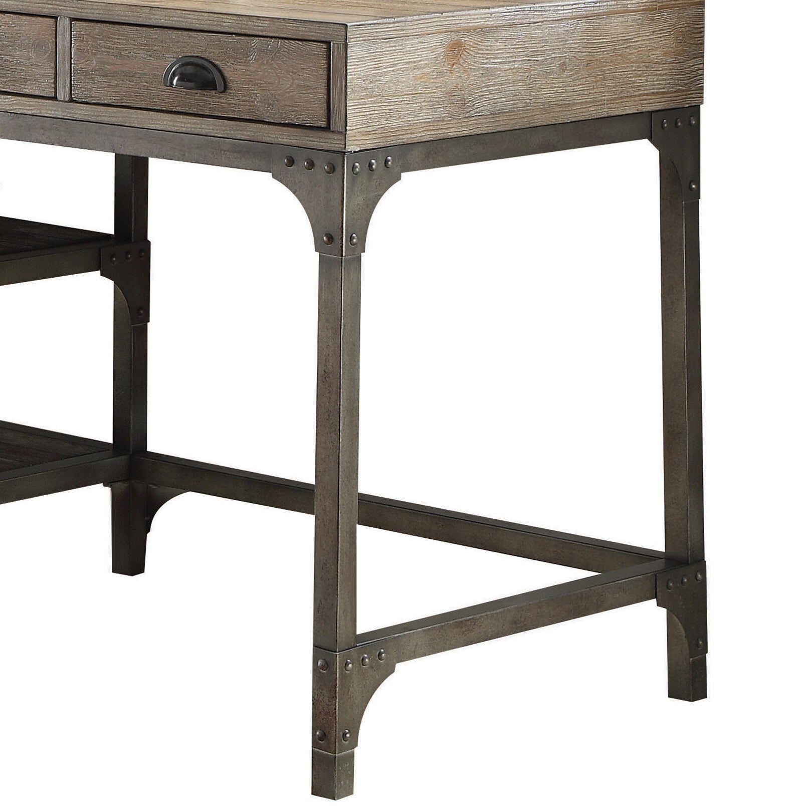 Rustic industrial desk with weathered wood top and dark metal frame
