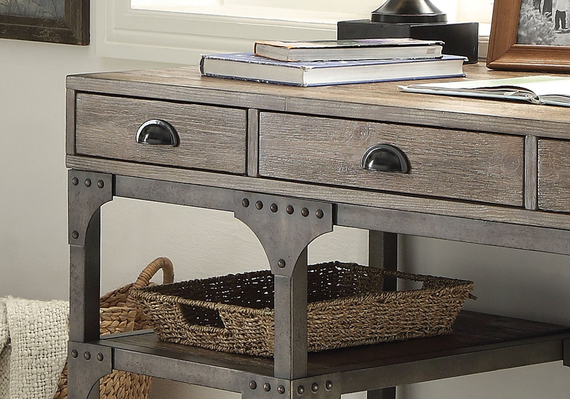 Rustic wood and metal desk with two drawers and industrial riveted legs