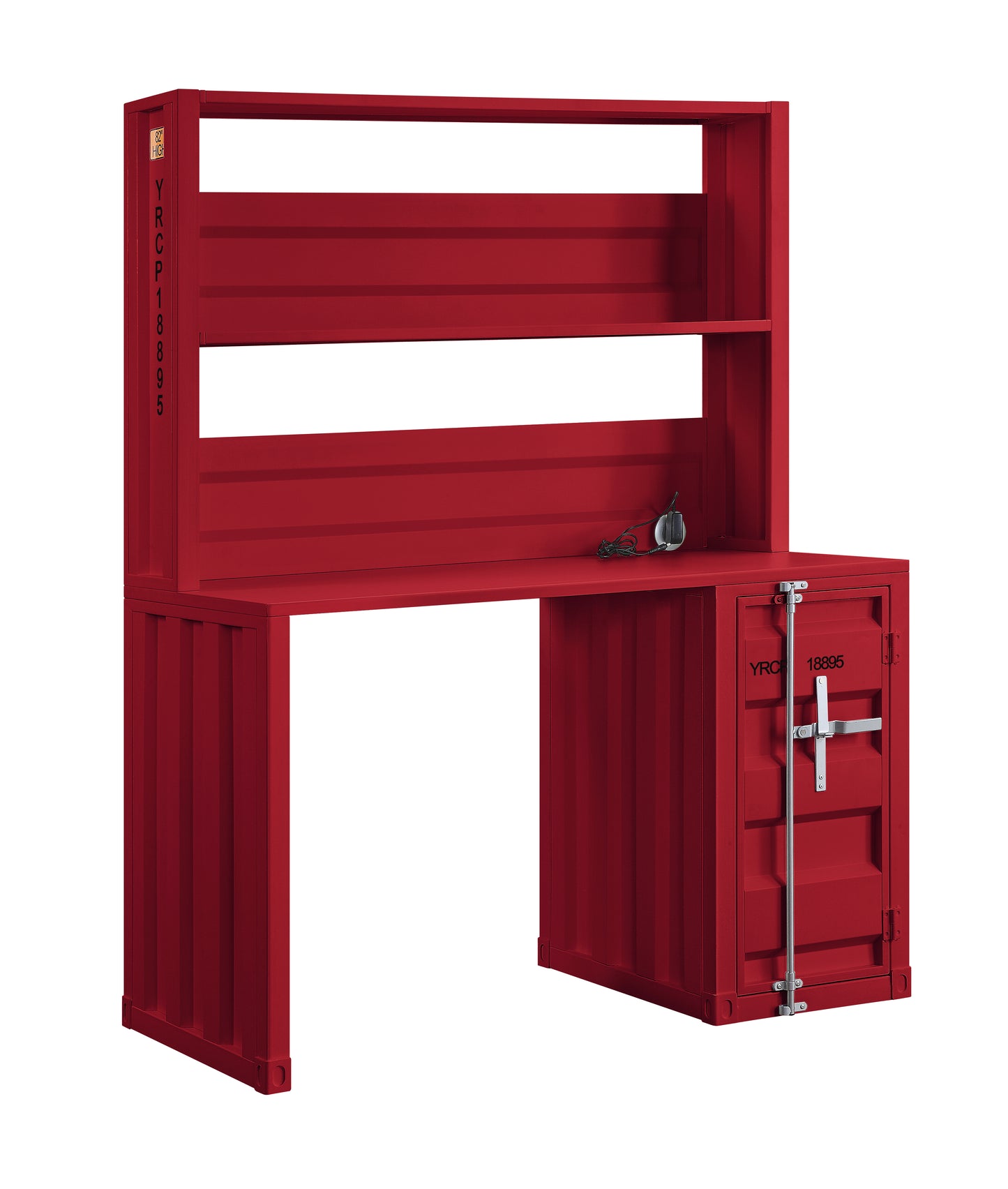 Red industrial shipping container desk with integrated shelving and storage cabinet
