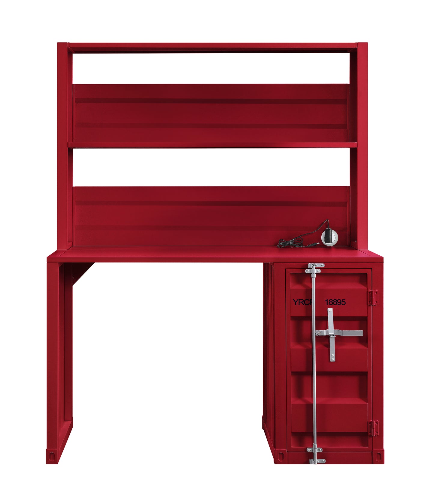 Red metal shipping container desk with shelving and storage