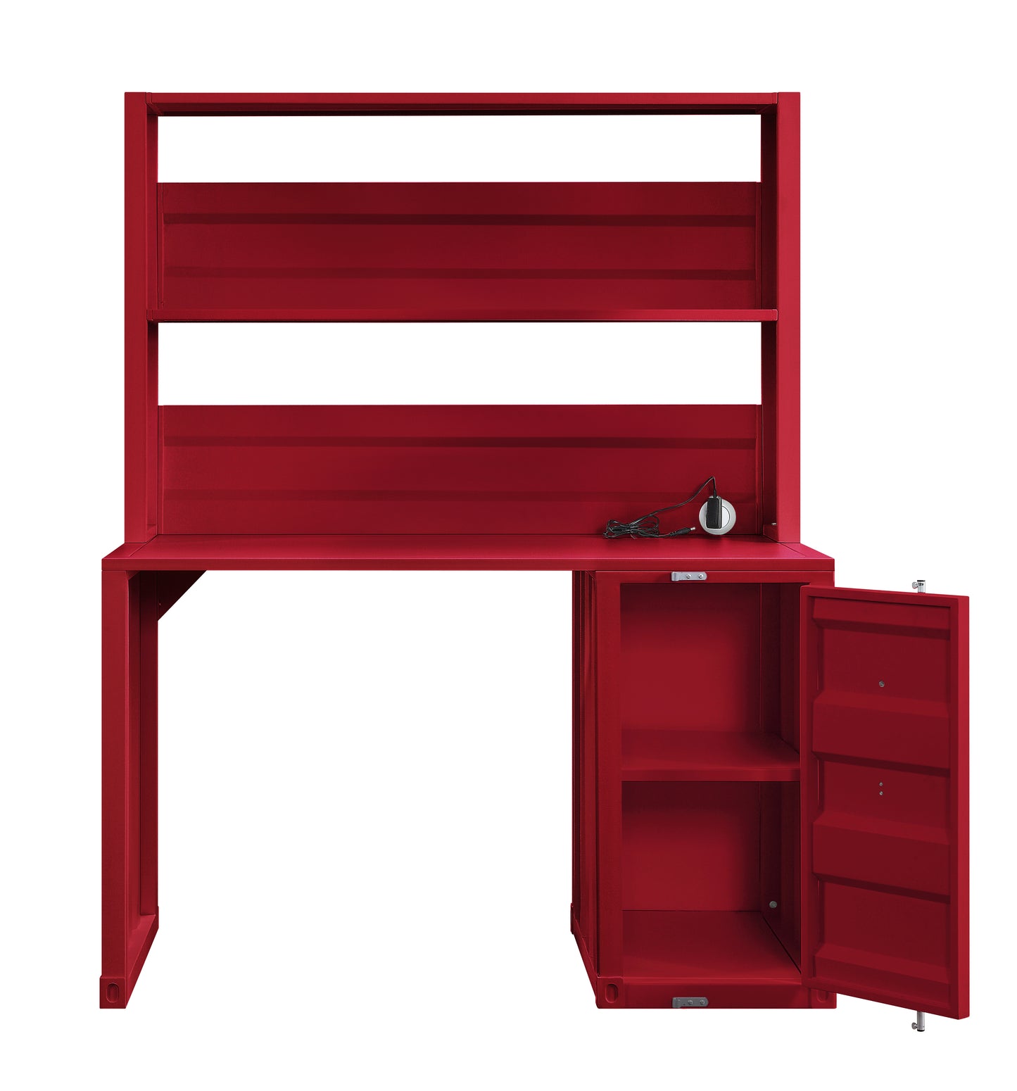Red metal desk with open cabinet and shelving industrial style