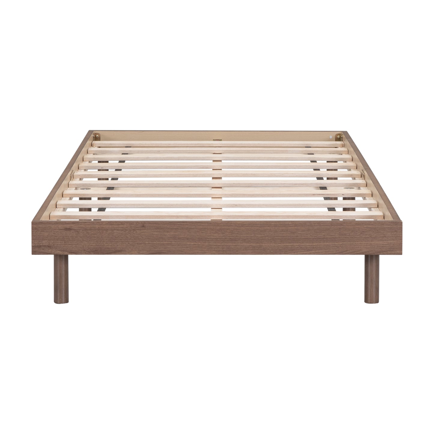 Wooden slatted bed frame with dark wood veneer and four cylindrical legs
