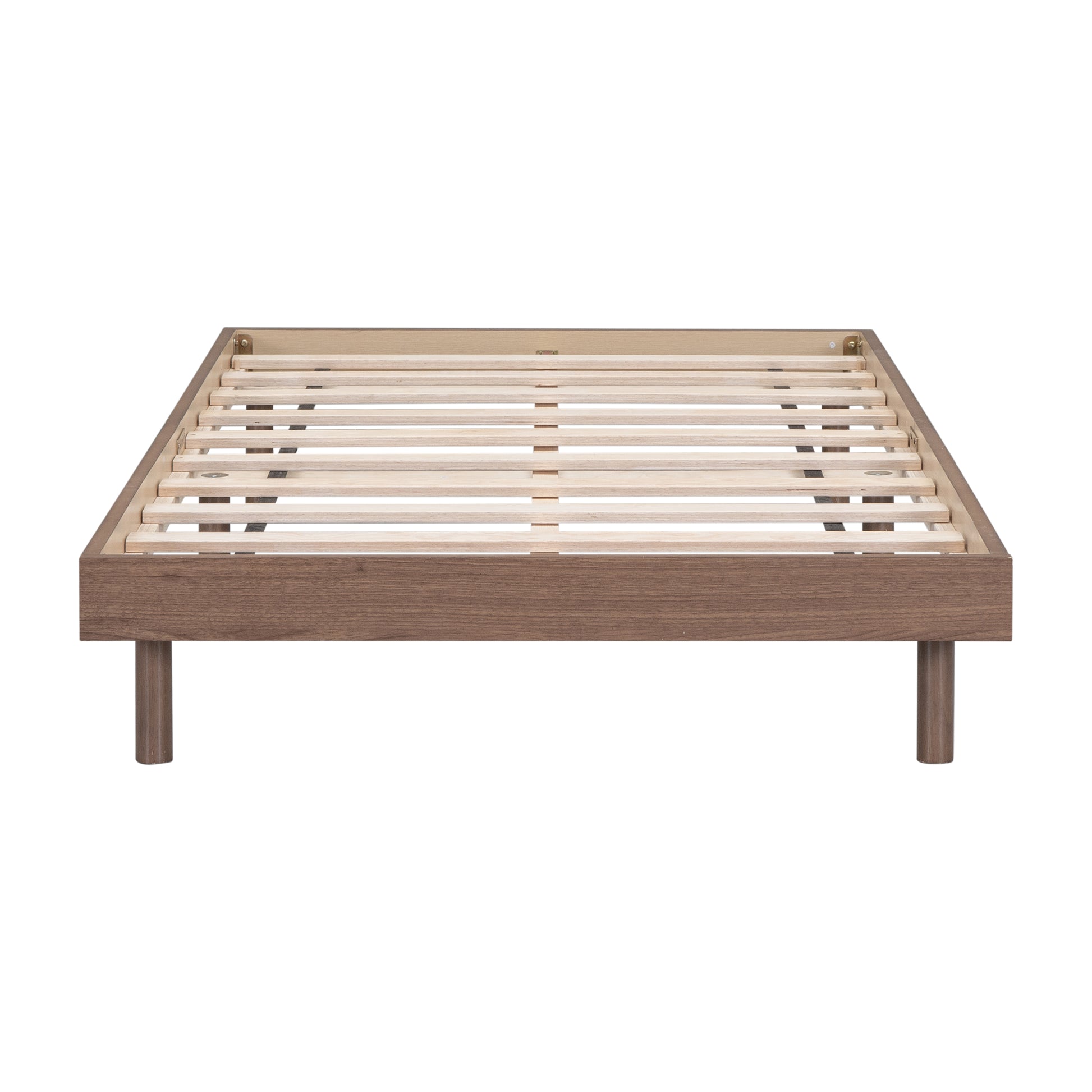 Wooden slatted bed frame with dark wood veneer and four cylindrical legs