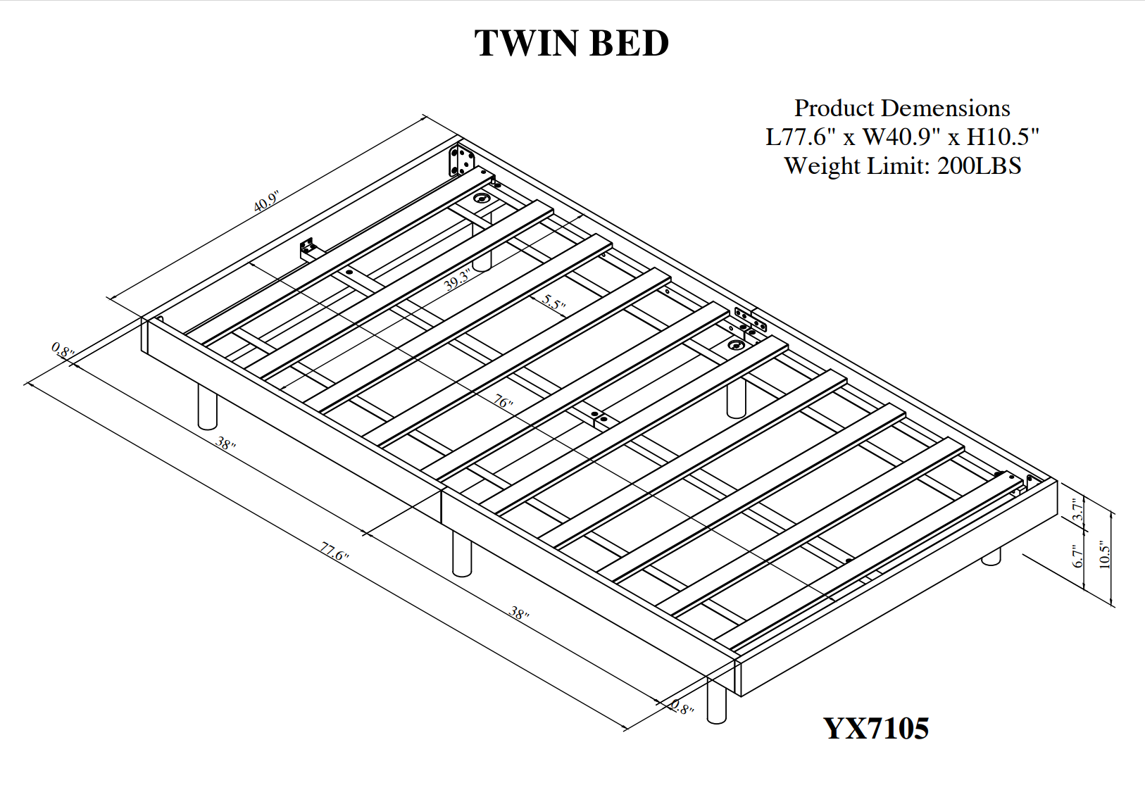 Line drawing of a twin bed frame with dimensions