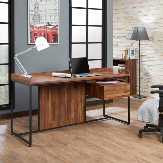 Modern wooden desk with black metal frame and integrated drawer
