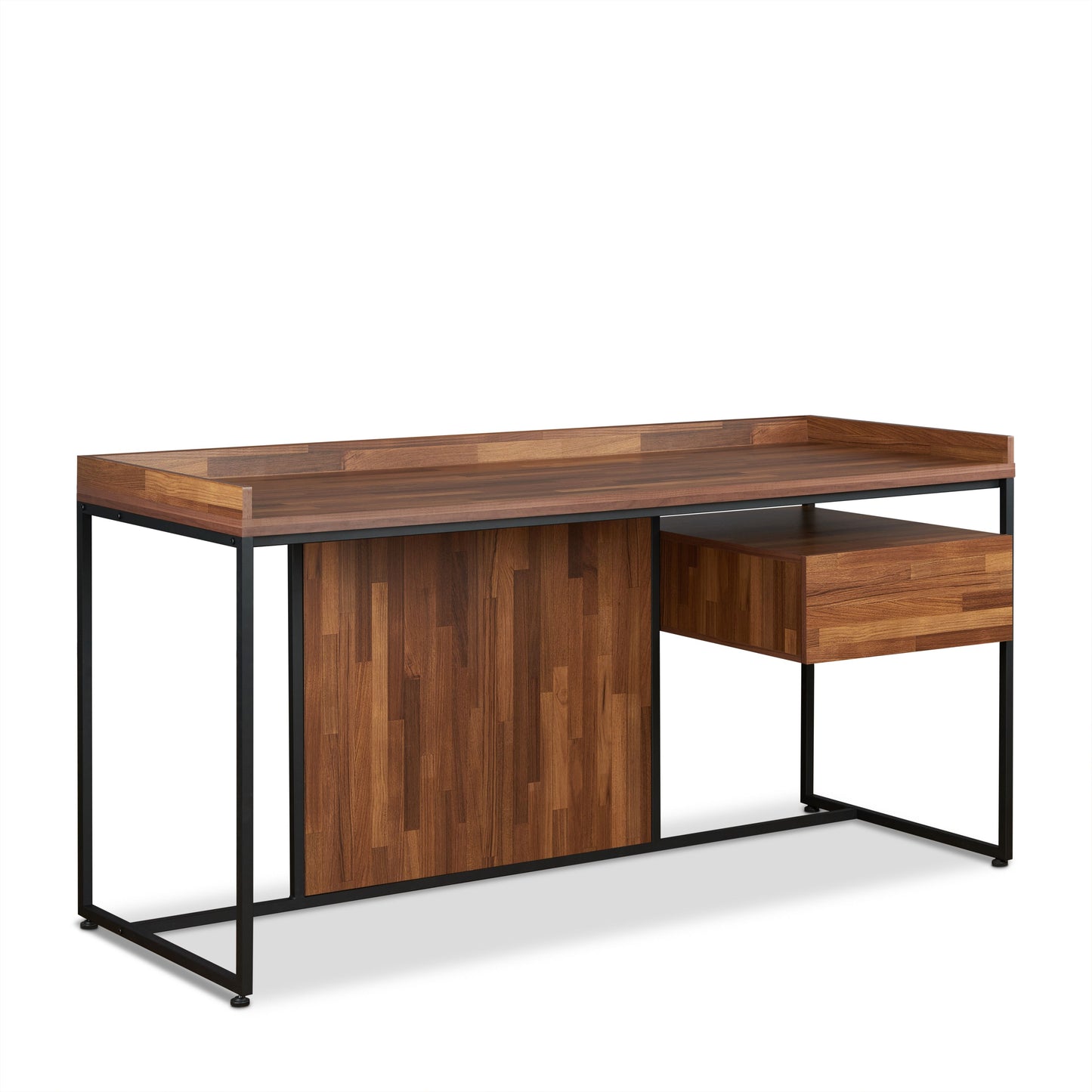Modern walnut wood desk with black metal frame and one drawer