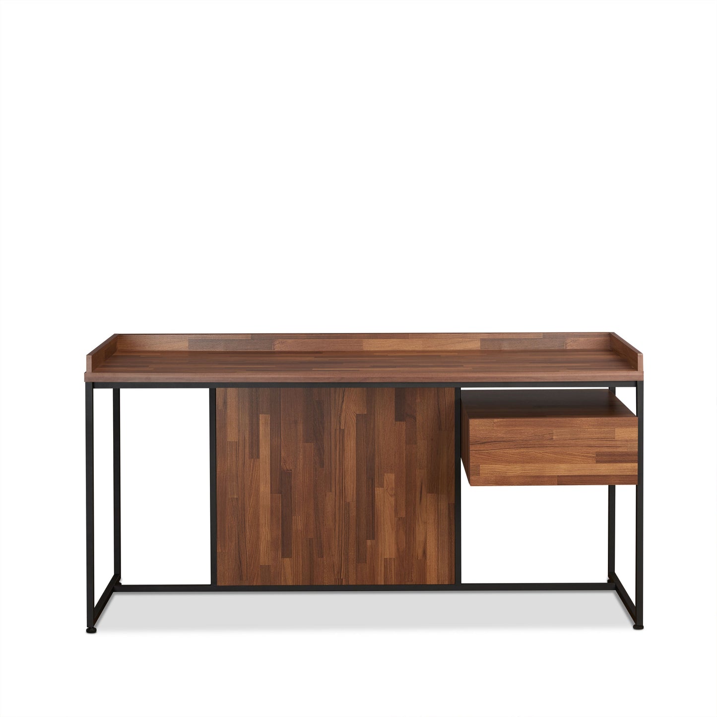 Midcentury modern desk with walnut veneer featuring a black metal frame and an integrated drawer